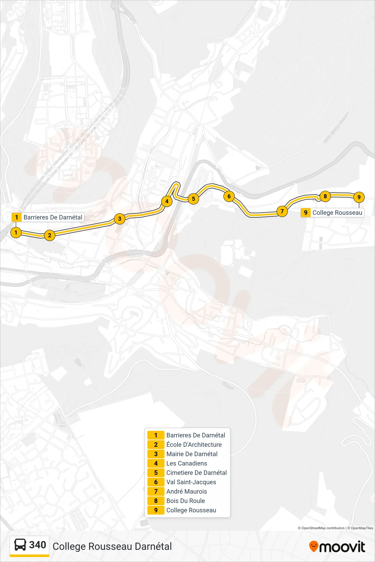 Tracé et arrêts de la ligne 340 de bus (College Rousseau Darnétal) sur une carte