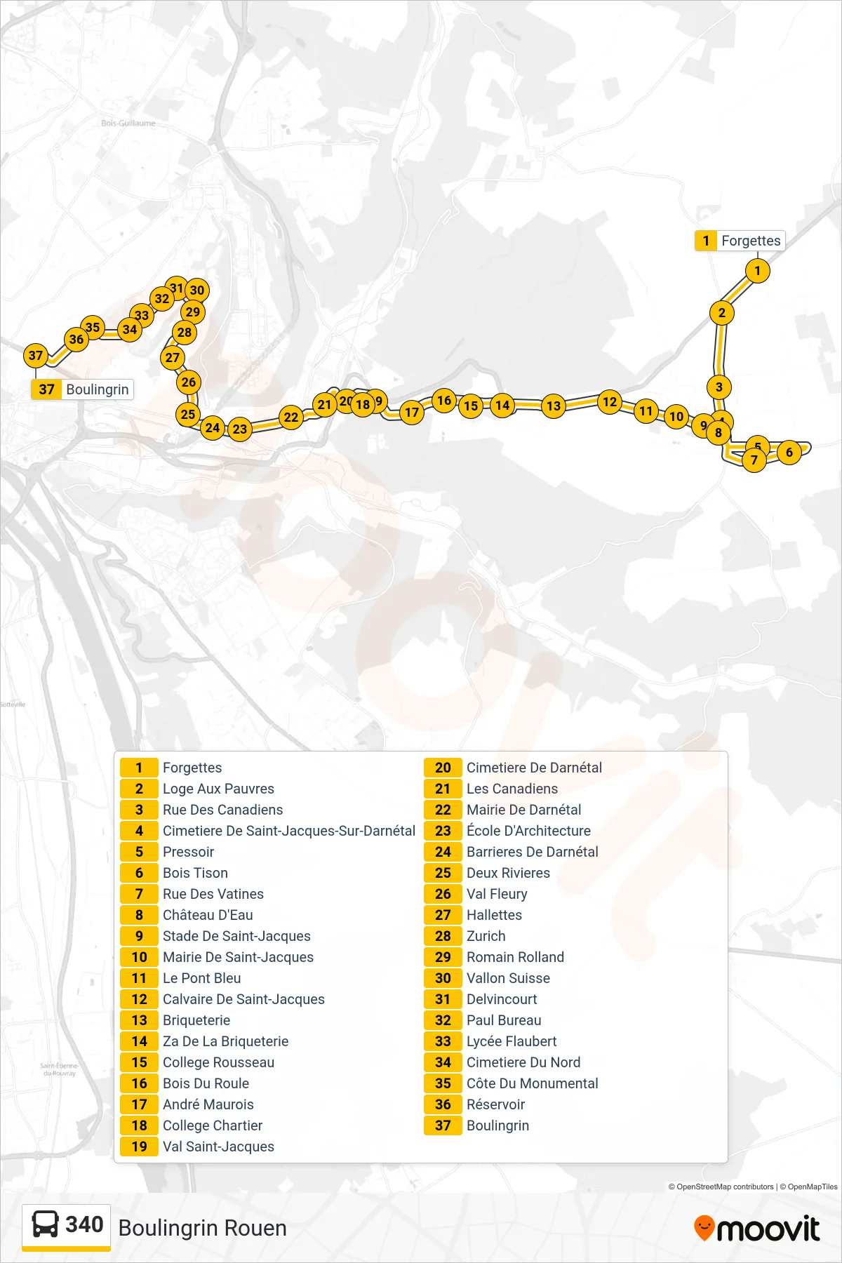 Tracé et arrêts de la ligne 340 de bus (Boulingrin Rouen) sur une carte