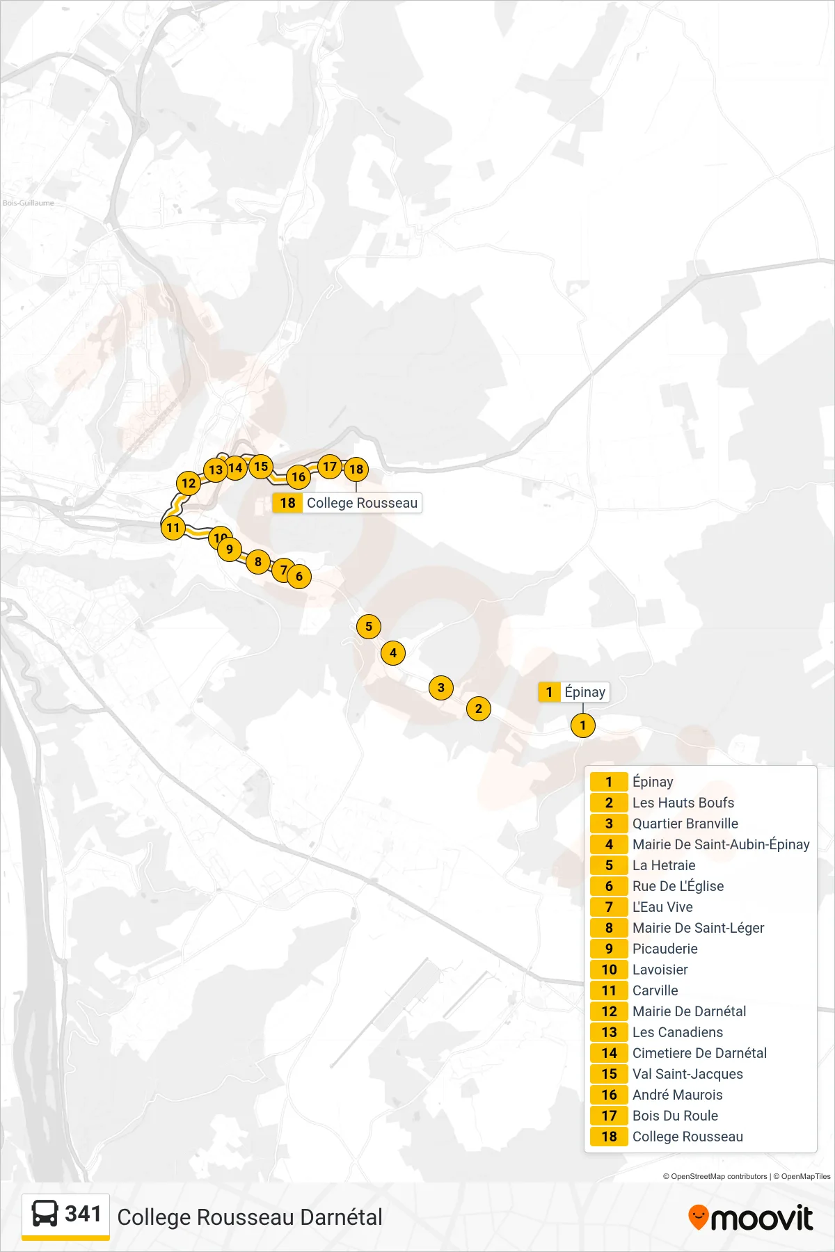 Tracé et arrêts de la ligne 341 de bus (College Rousseau Darnétal) sur une carte