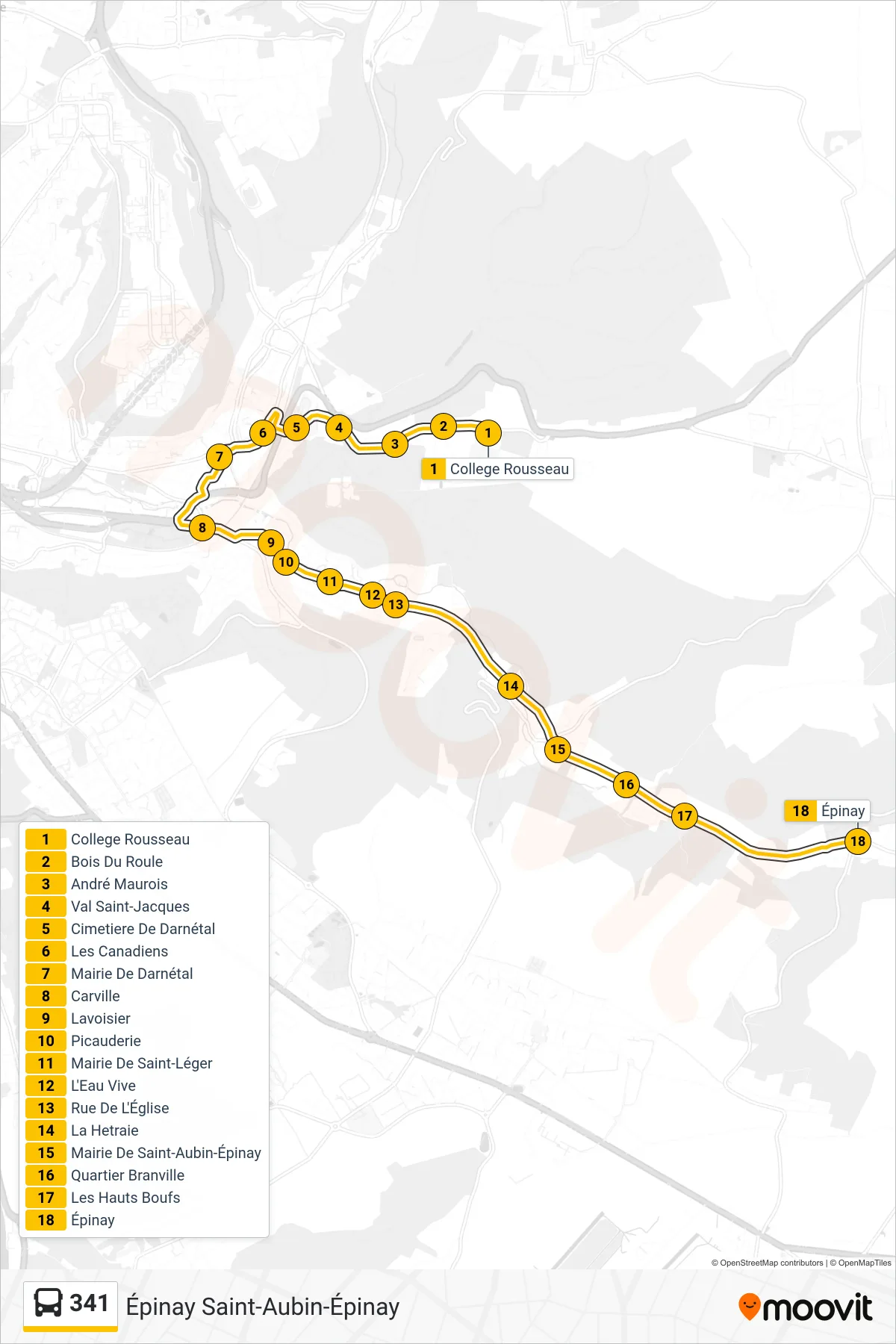 Tracé et arrêts de la ligne 341 de bus (Épinay Saint-Aubin-Épinay) sur une carte