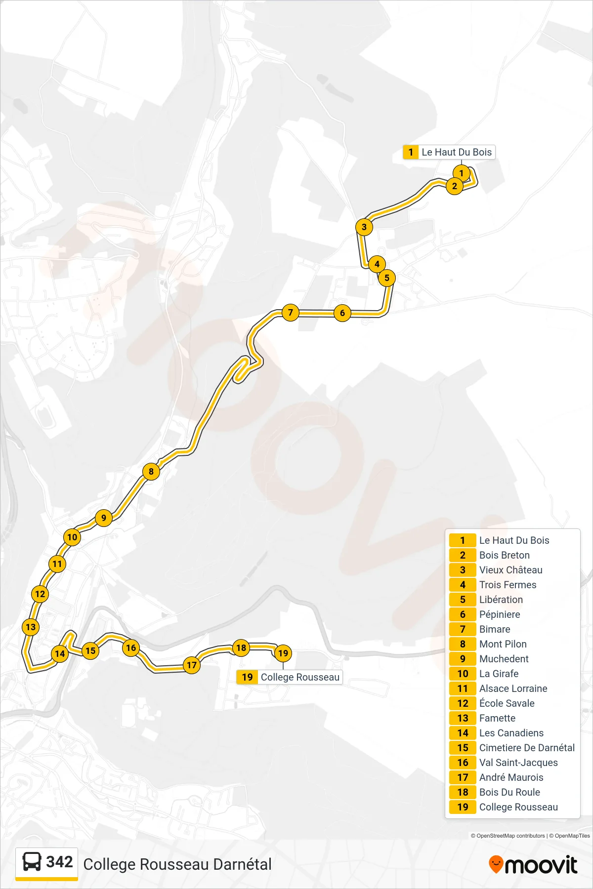 Tracé et arrêts de la ligne 342 de bus (College Rousseau Darnétal) sur une carte