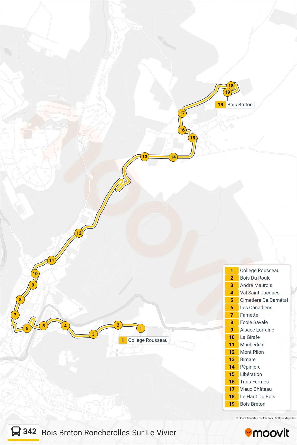Tracé et arrêts de la ligne 342 de bus (Bois Breton Roncherolles-Sur-Le-Vivier) sur une carte
