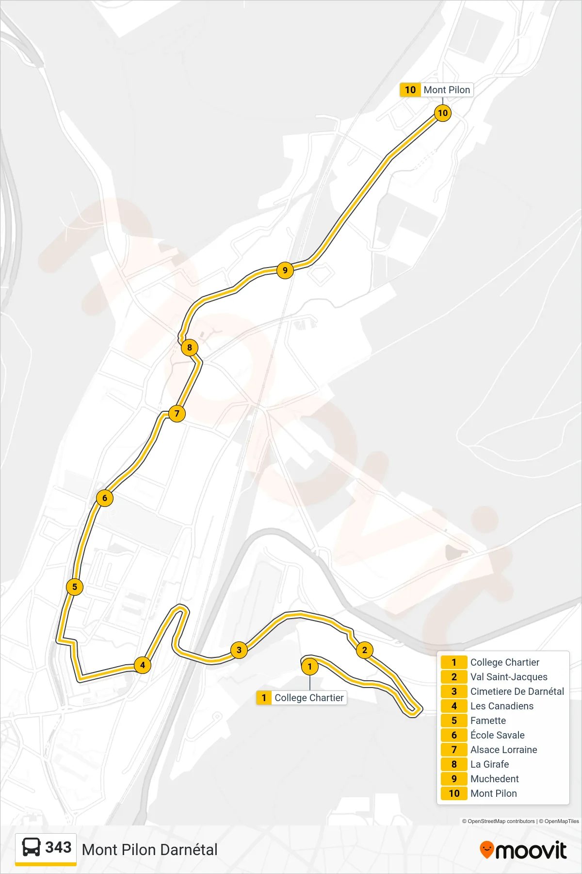 Tracé et arrêts de la ligne 343 de bus (Mont Pilon Darnétal) sur une carte
