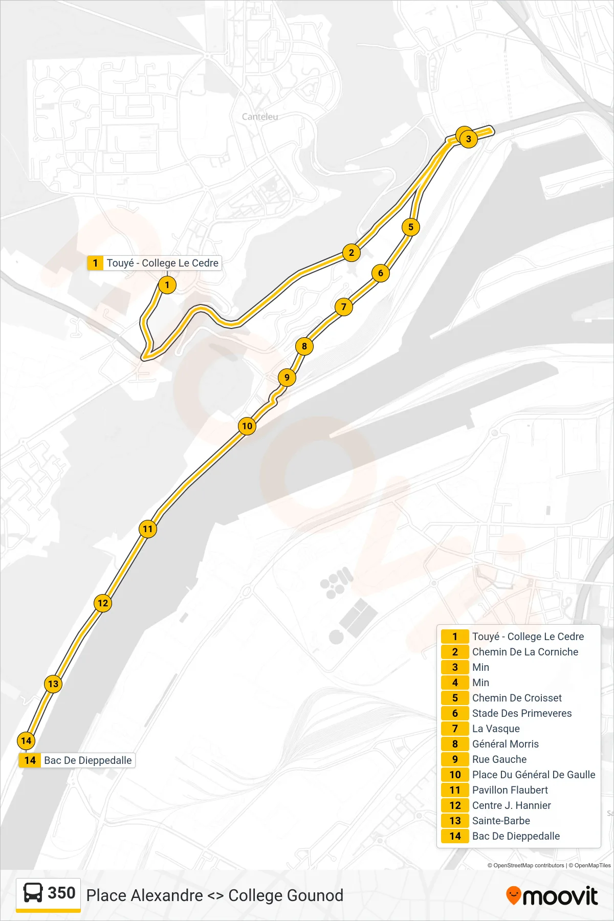 Recorrido y paradas de la línea 350 de autobús (Bac De Dieppedalle Canteleu) en el mapa