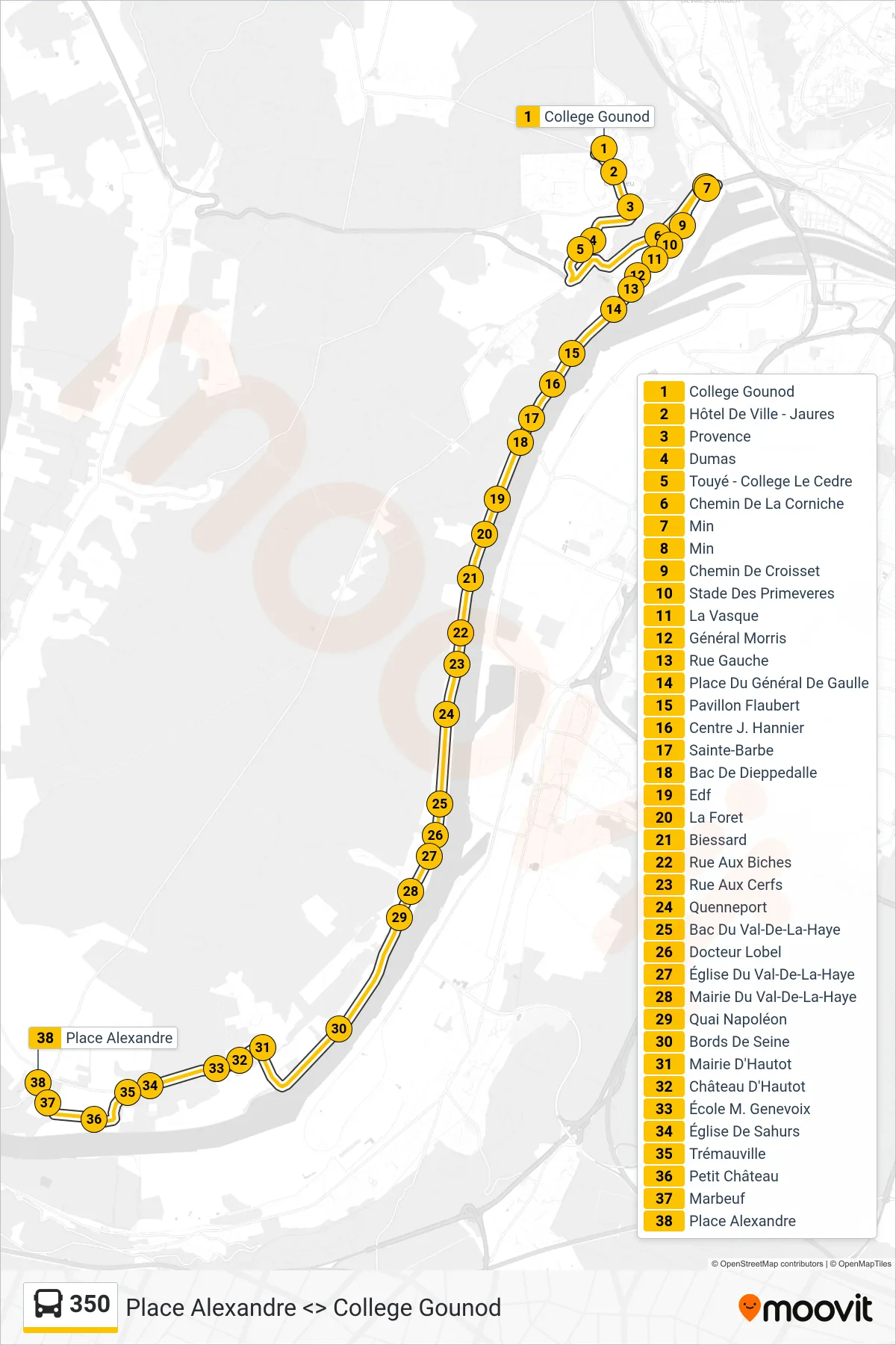 Tracé et arrêts de la ligne 350 de bus (Place Alexandre Sahurs) sur une carte