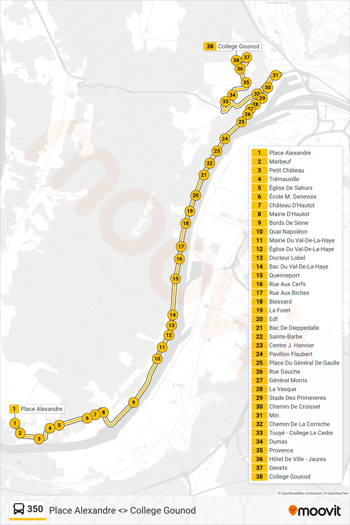 Tracé et arrêts de la ligne 350 de bus (College Gounod Canteleu) sur une carte