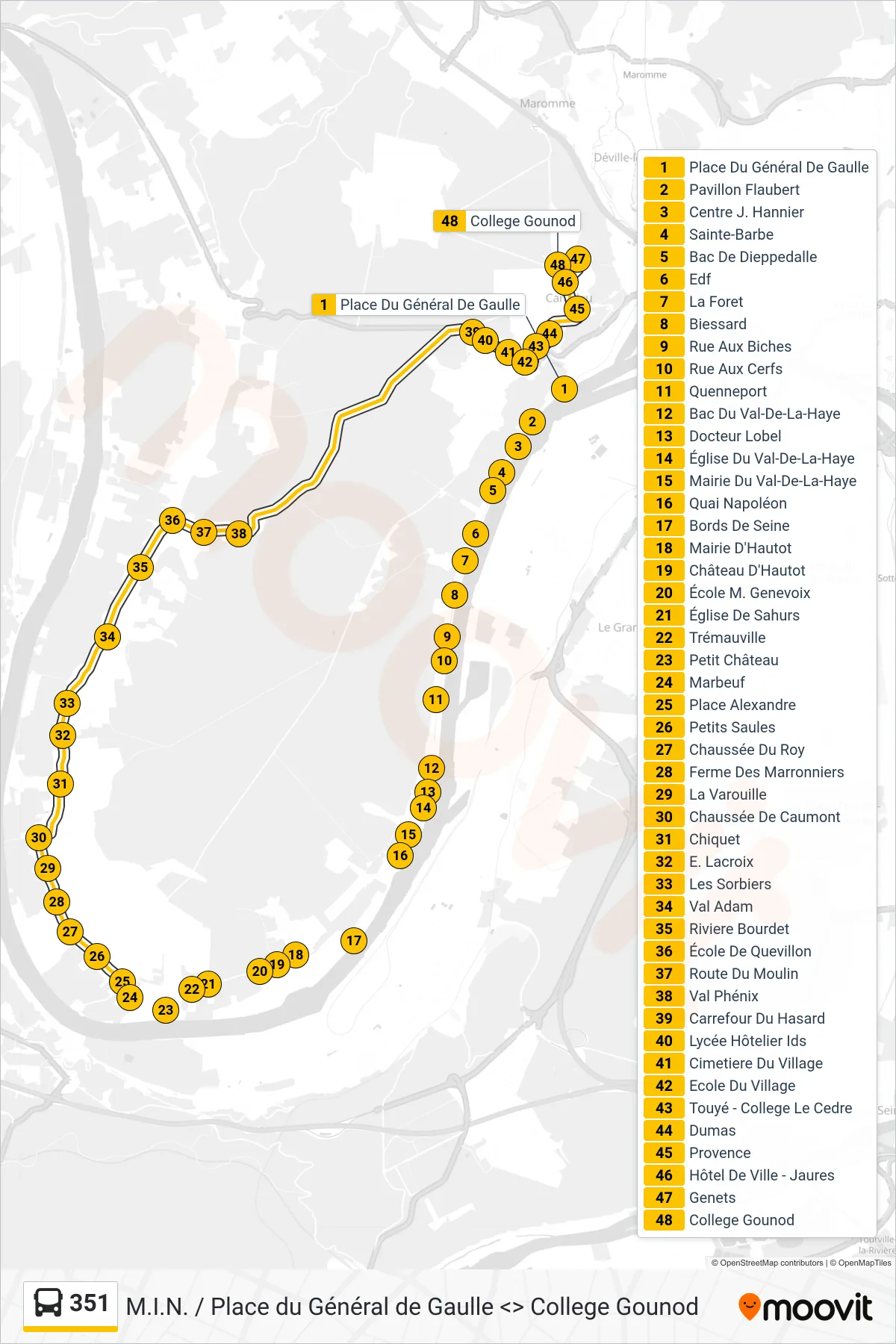 Tracé et arrêts de la ligne 351 de bus (College Gounod Canteleu) sur une carte