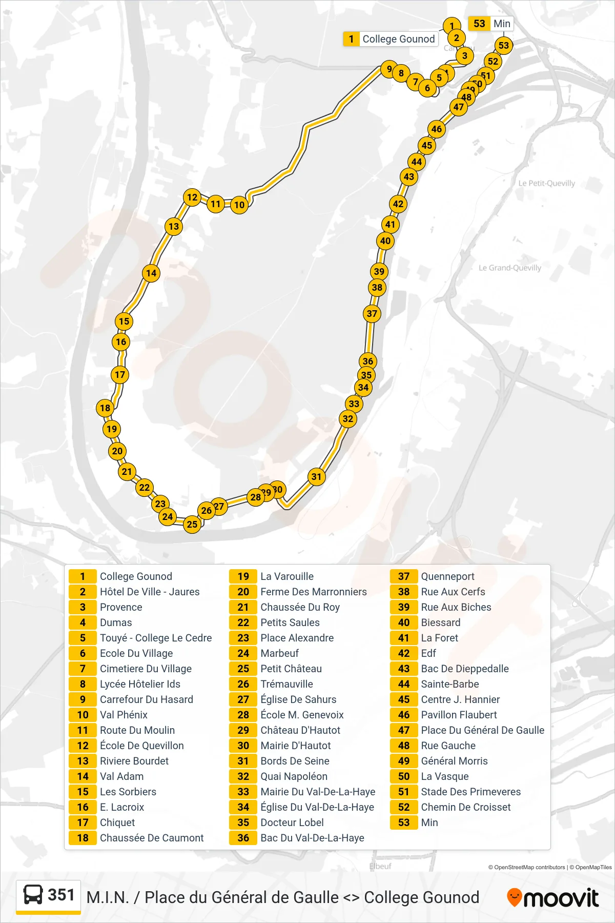 Tracé et arrêts de la ligne 351 de bus (M.I.N. Rouen) sur une carte