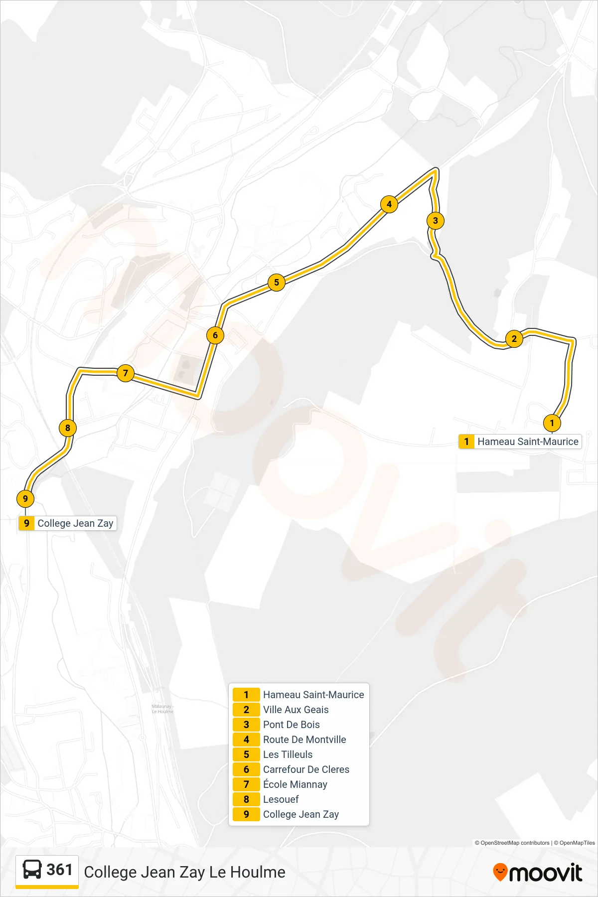 Tracé et arrêts de la ligne 361 de bus (College Jean Zay Le Houlme) sur une carte