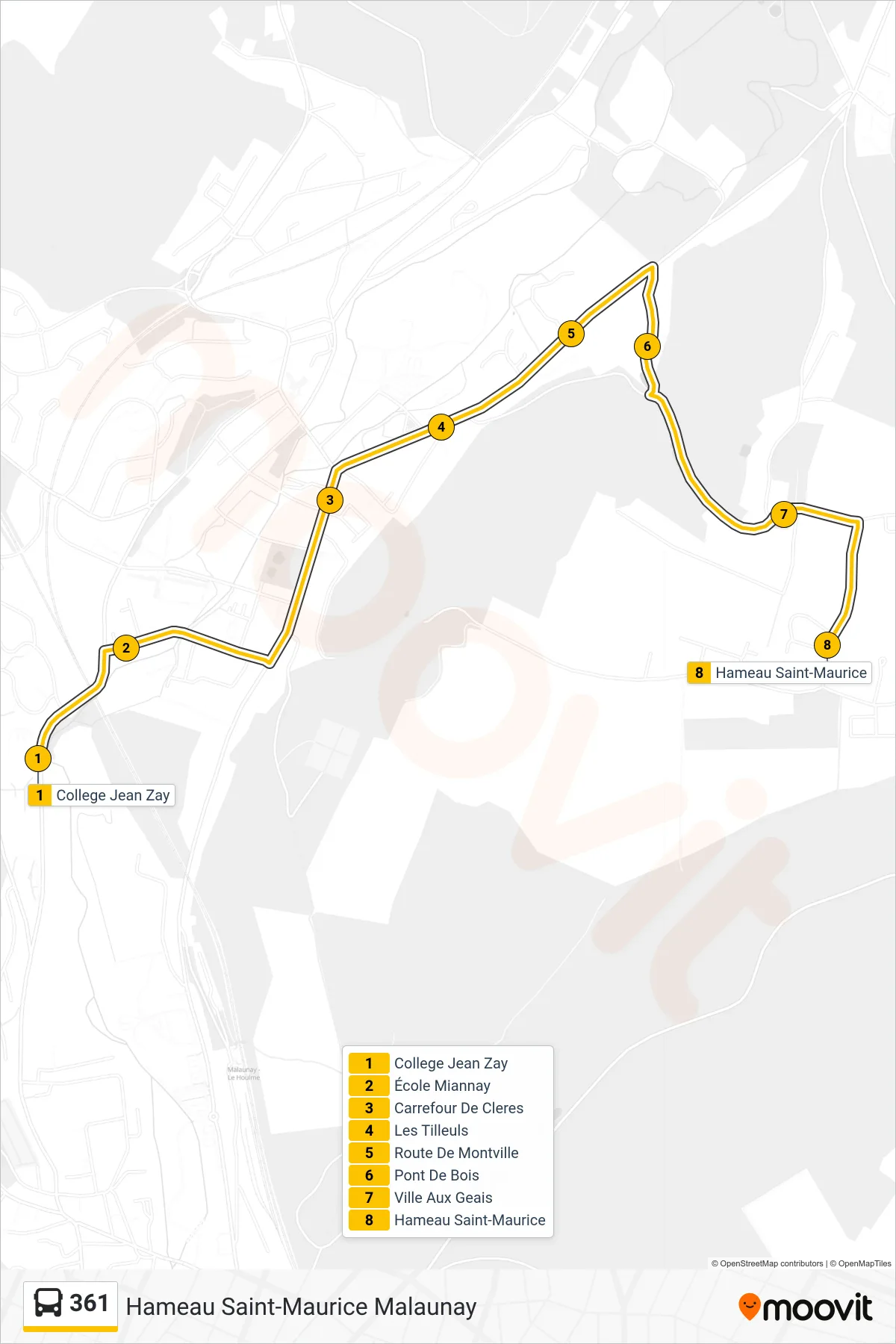 Tracé et arrêts de la ligne 361 de bus (Hameau Saint-Maurice Malaunay) sur une carte