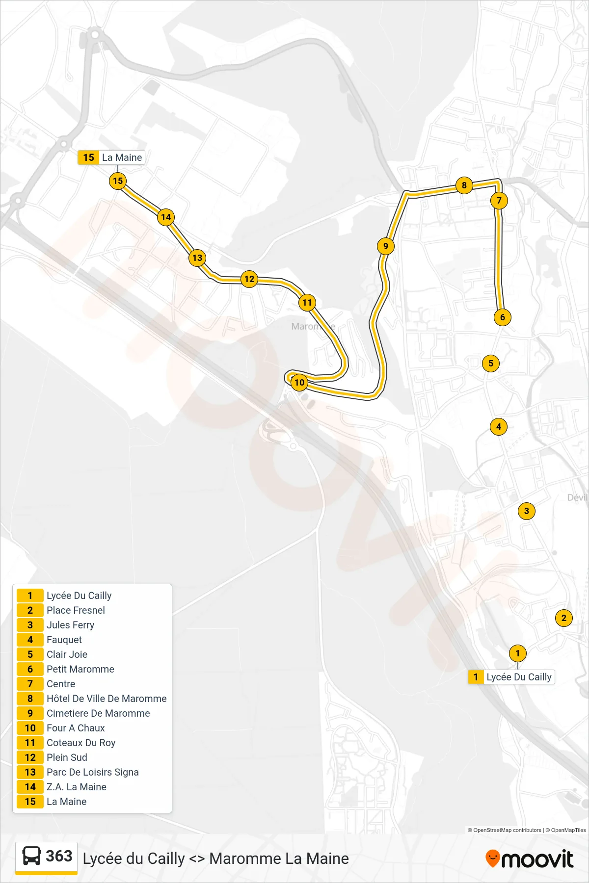 Recorrido y paradas de la línea 363 de autobús (Maromme La Maine) en el mapa