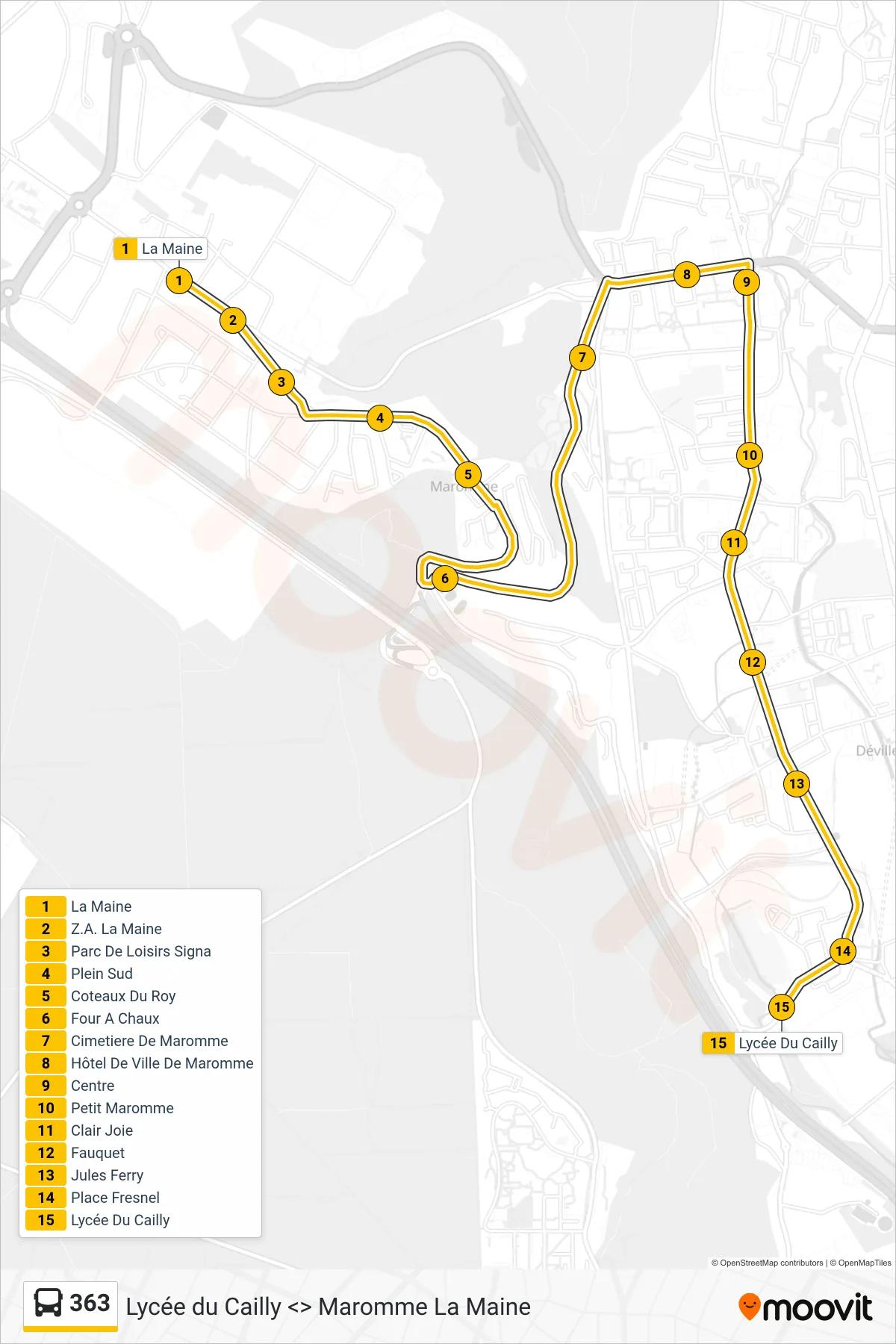 Tracé et arrêts de la ligne 363 de bus (Lycée Du Cailly Déville-Les-Rouen) sur une carte