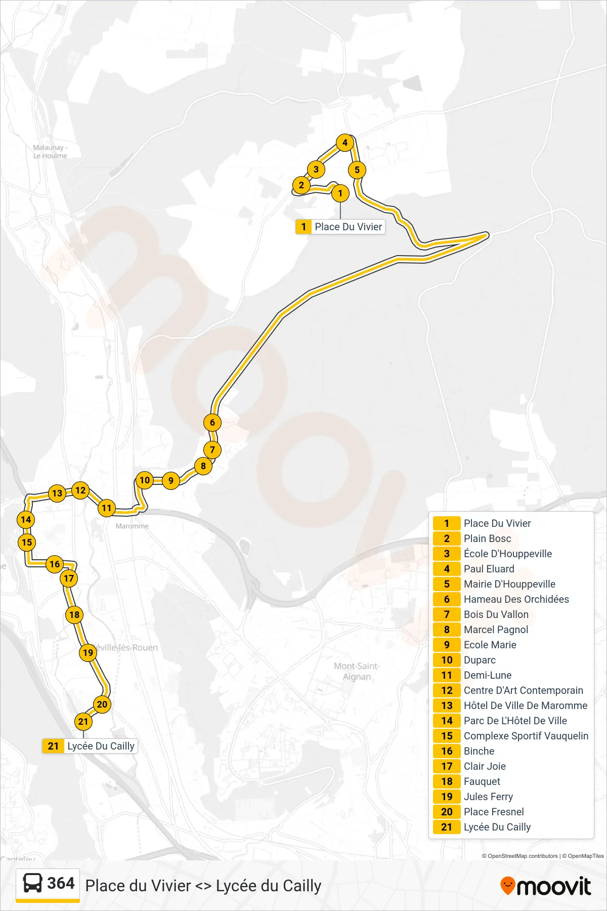 Tracé et arrêts de la ligne 364 de bus (Lycée Du Cailly Déville-Les-Rouen) sur une carte