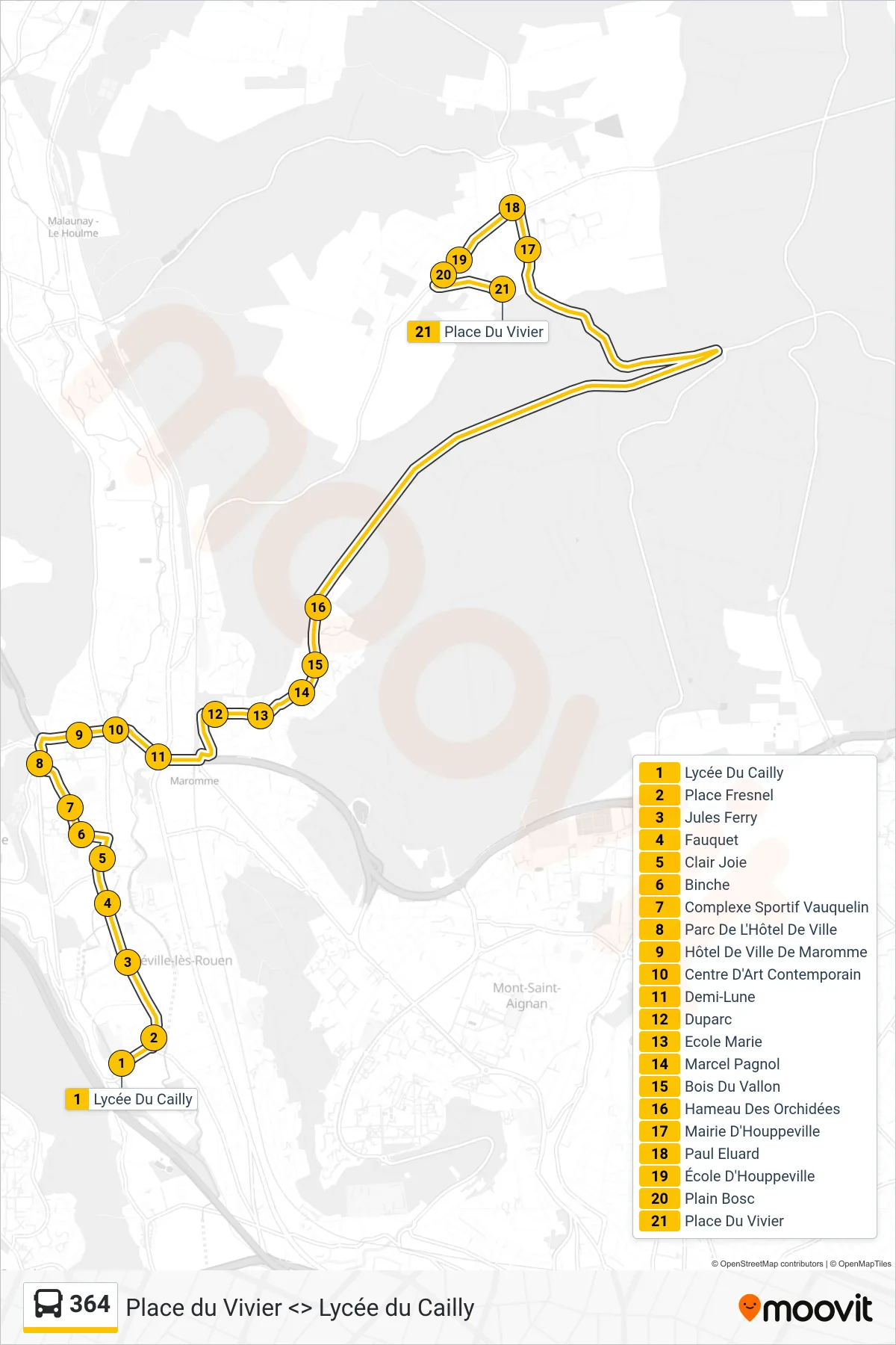 Tracé et arrêts de la ligne 364 de bus (Place Du Vivier Houppeville) sur une carte