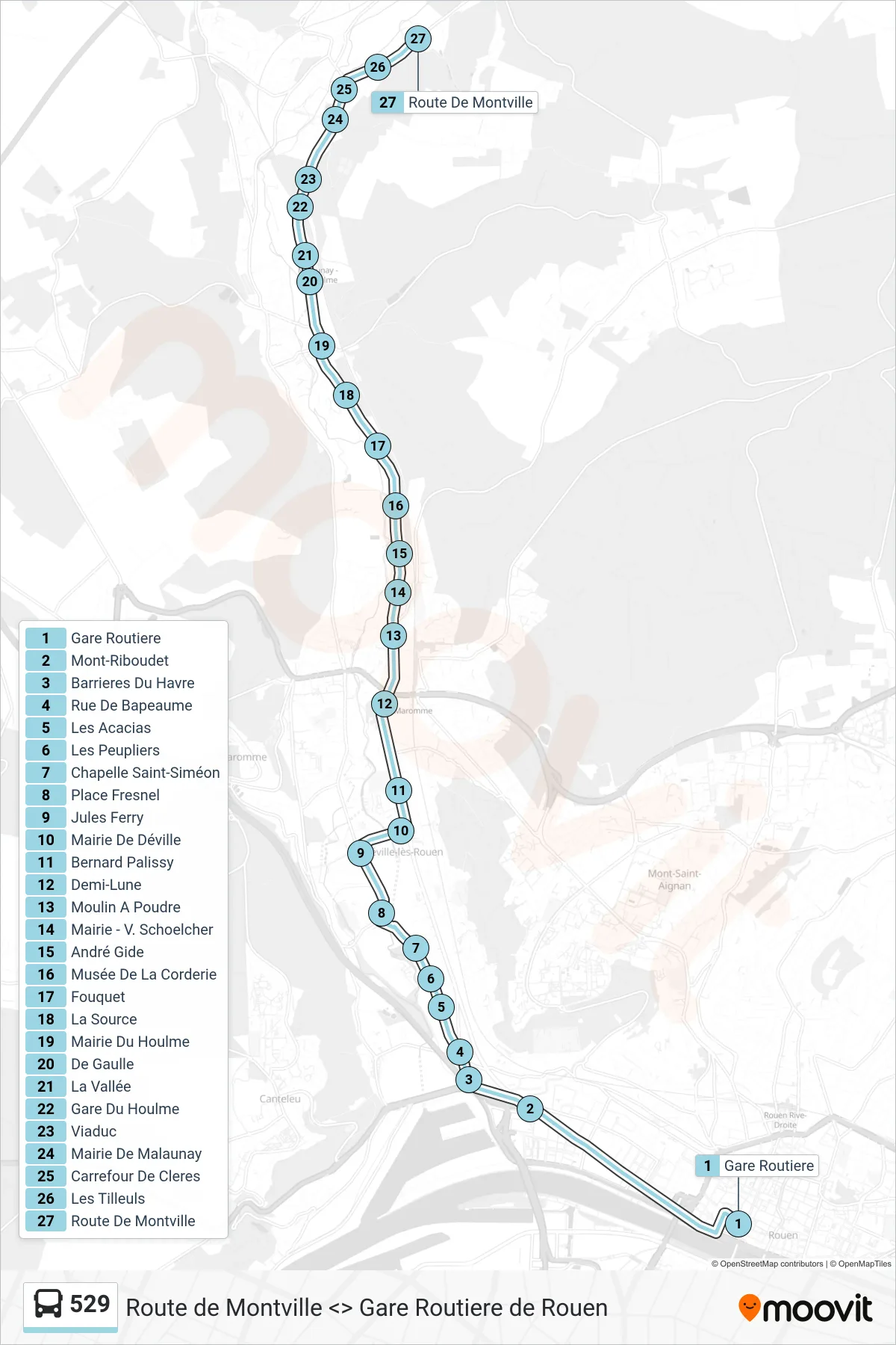 529 bus Line (Route De Montville Malaunay) route and stops on a map