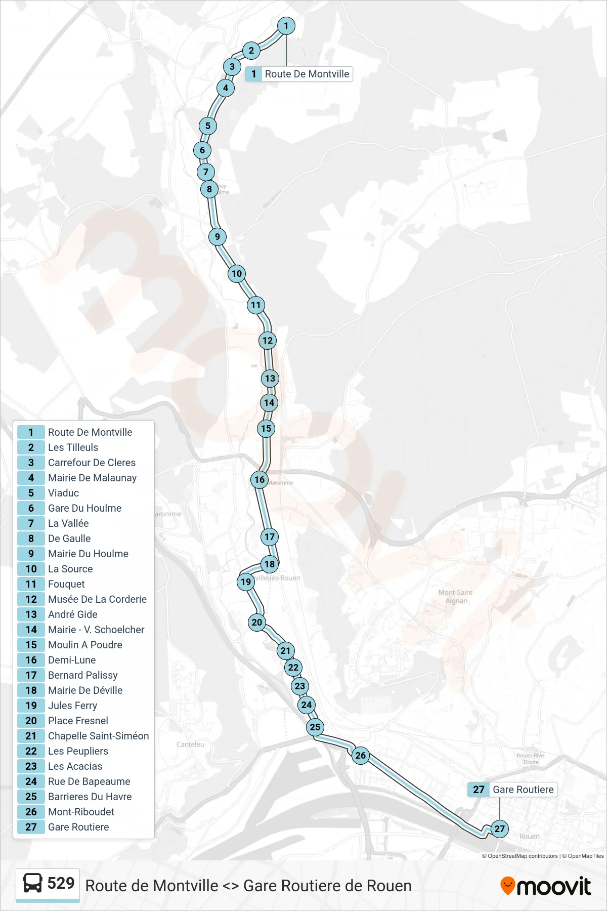 Tracé et arrêts de la ligne 529 de bus (Gare Routiere Rouen) sur une carte
