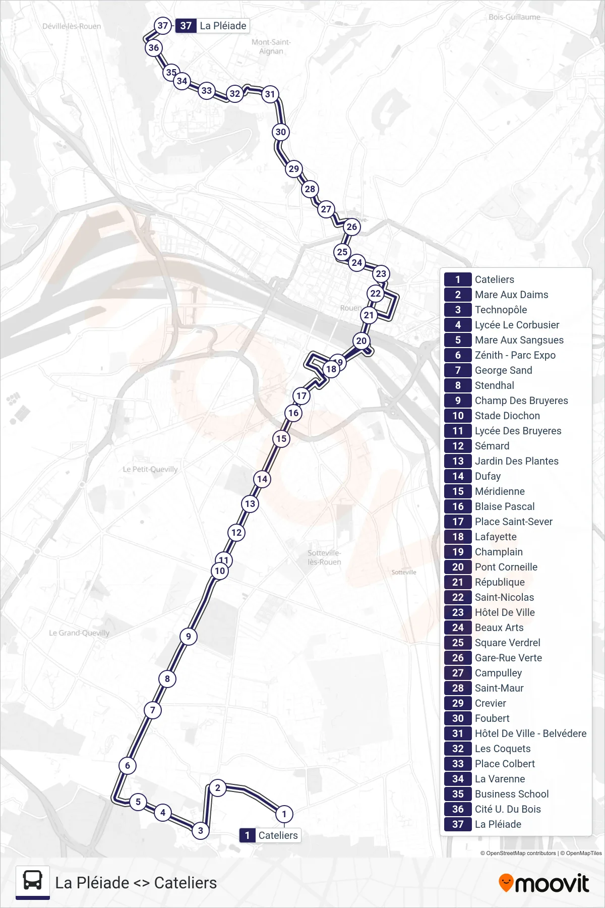 Recorrido y paradas de la línea NOCTAMBUS de autobús (La Pléiade Mont-Saint-Aignan) en el mapa