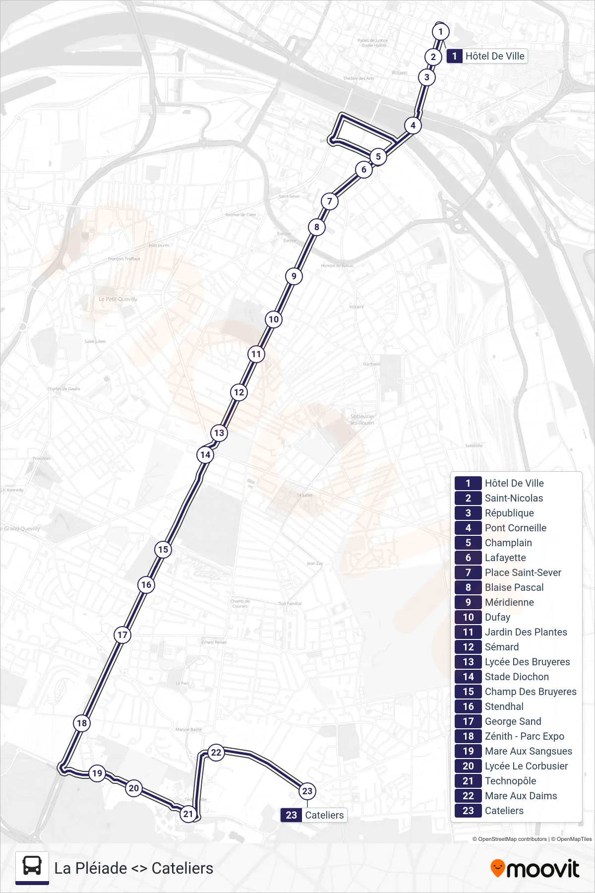 Tracé et arrêts de la ligne NOCTAMBUS de bus (Cateliers Saint-Étienne-Du-Rouvray) sur une carte