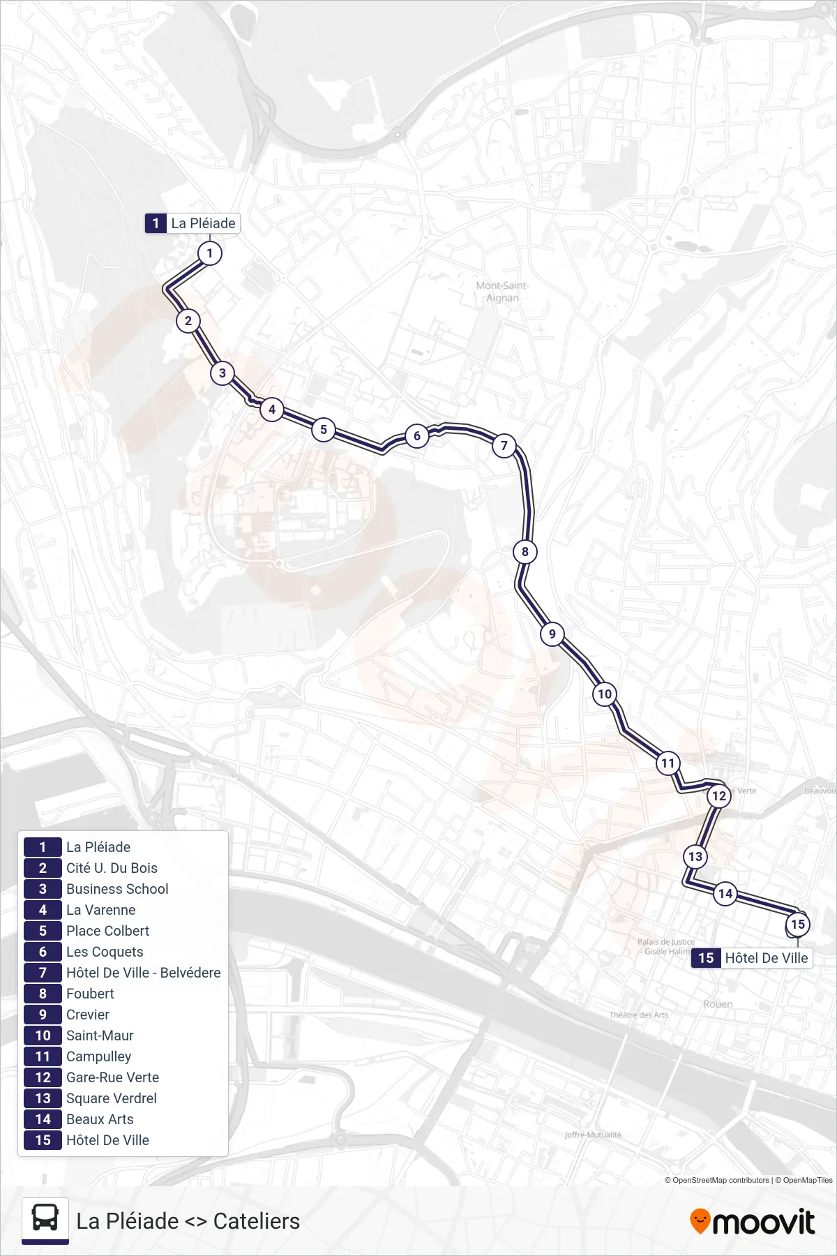 Tracé et arrêts de la ligne NOCTAMBUS de bus (Hôtel De Ville Rouen) sur une carte