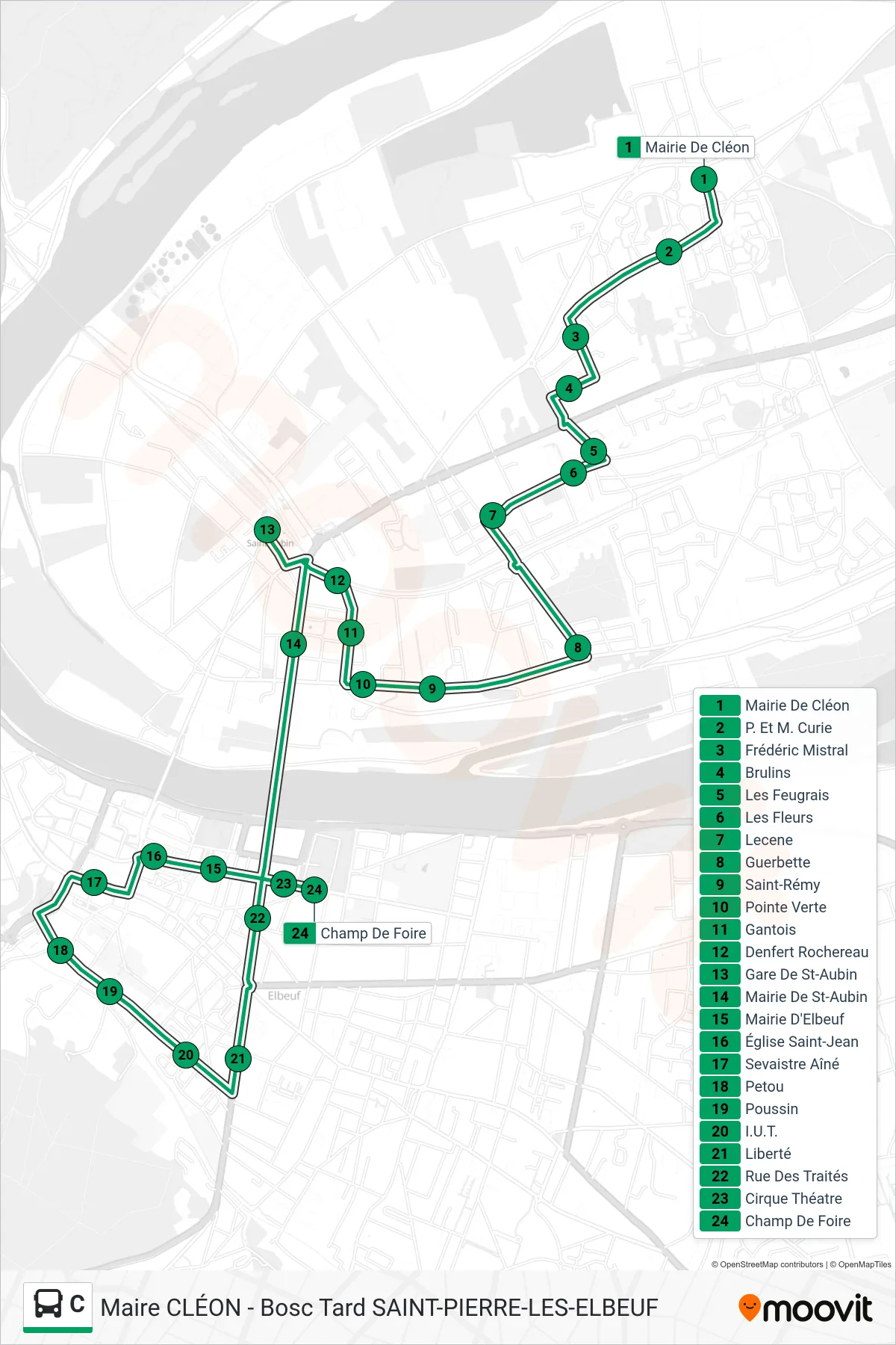 Tracé et arrêts de la ligne C de bus (Bostard) sur une carte