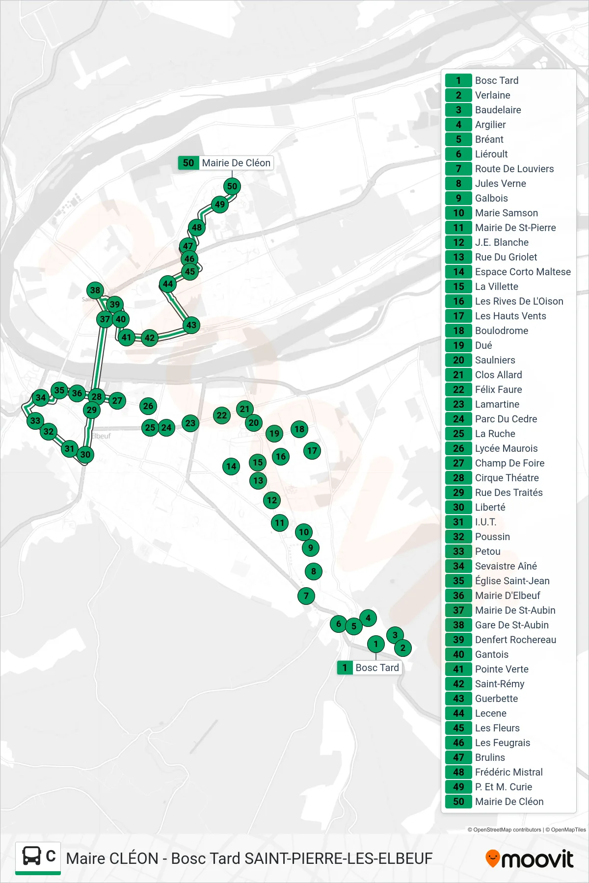 Tracé et arrêts de la ligne C de bus (Mairie De Cléon) sur une carte