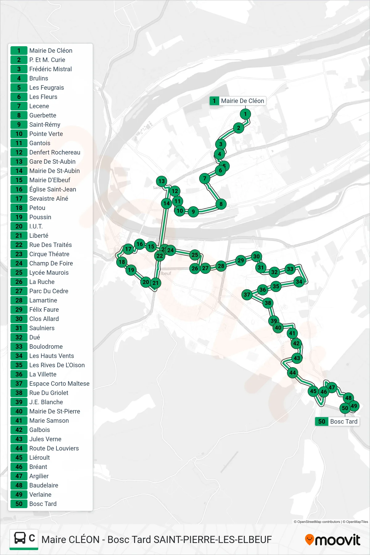 Tracé et arrêts de la ligne C de bus (Bosc Tard) sur une carte
