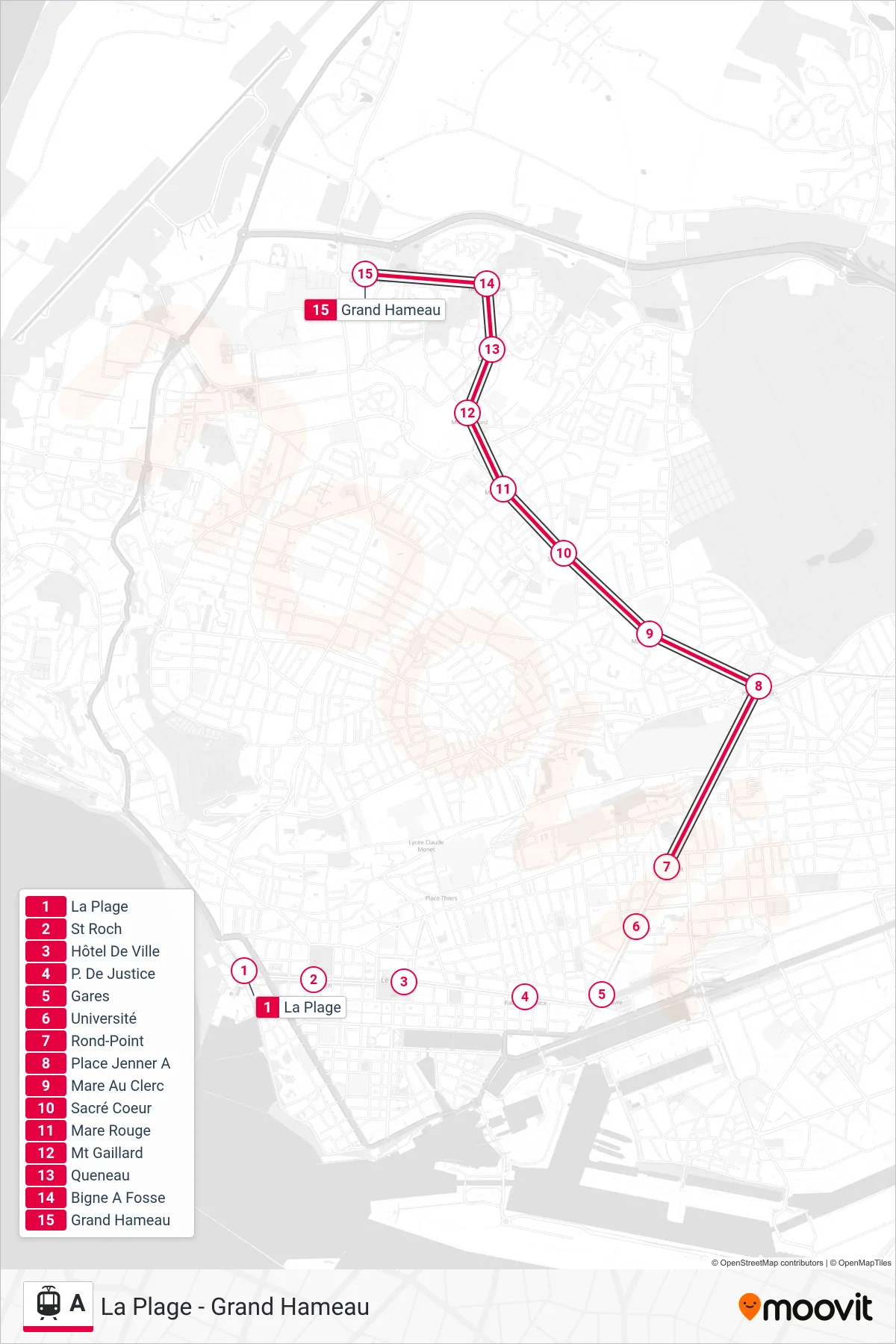 Tracé et arrêts de la ligne A de tram (Grand Hameau) sur une carte