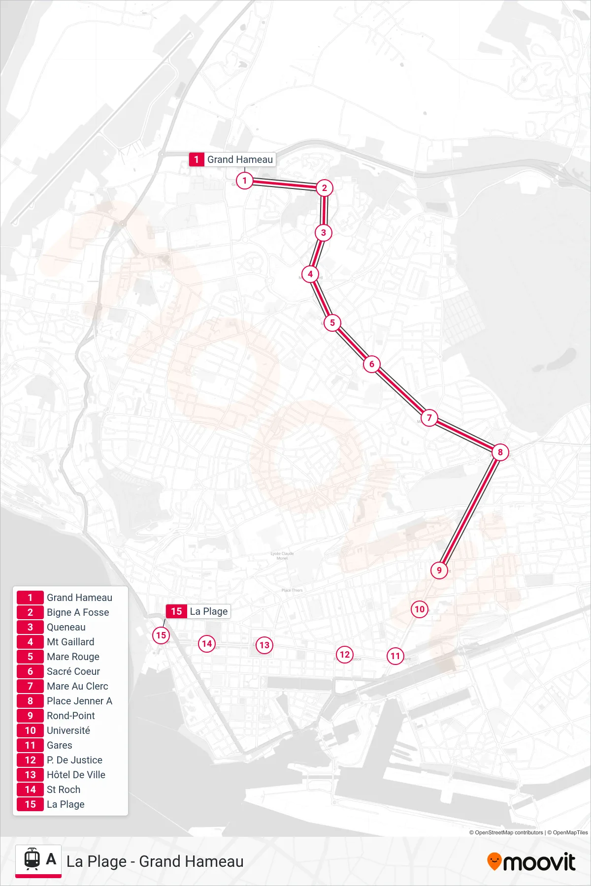 Tracé et arrêts de la ligne A de tram (La Plage) sur une carte