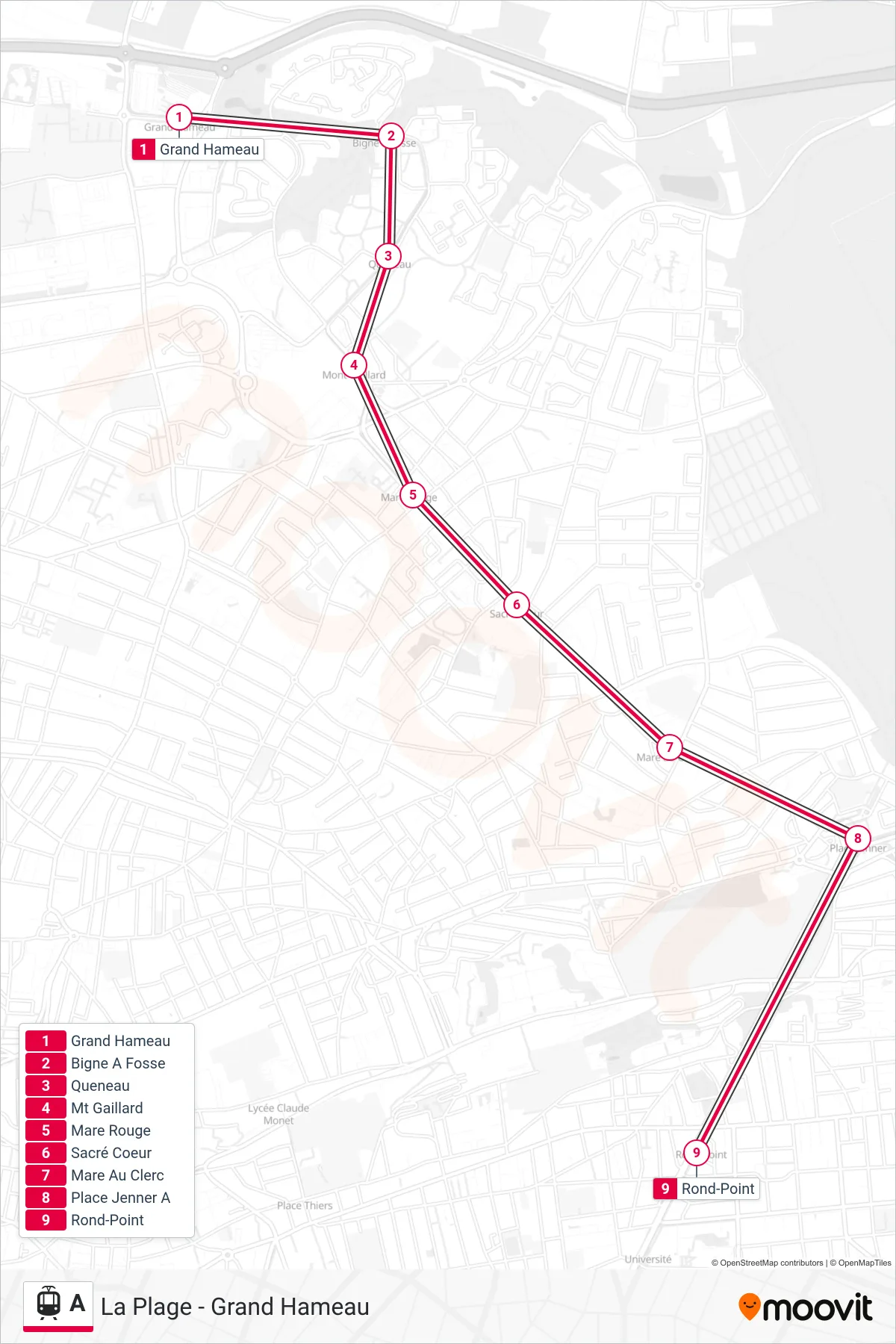 Recorrido y paradas de la línea A de tranvía (Rond-Point) en el mapa