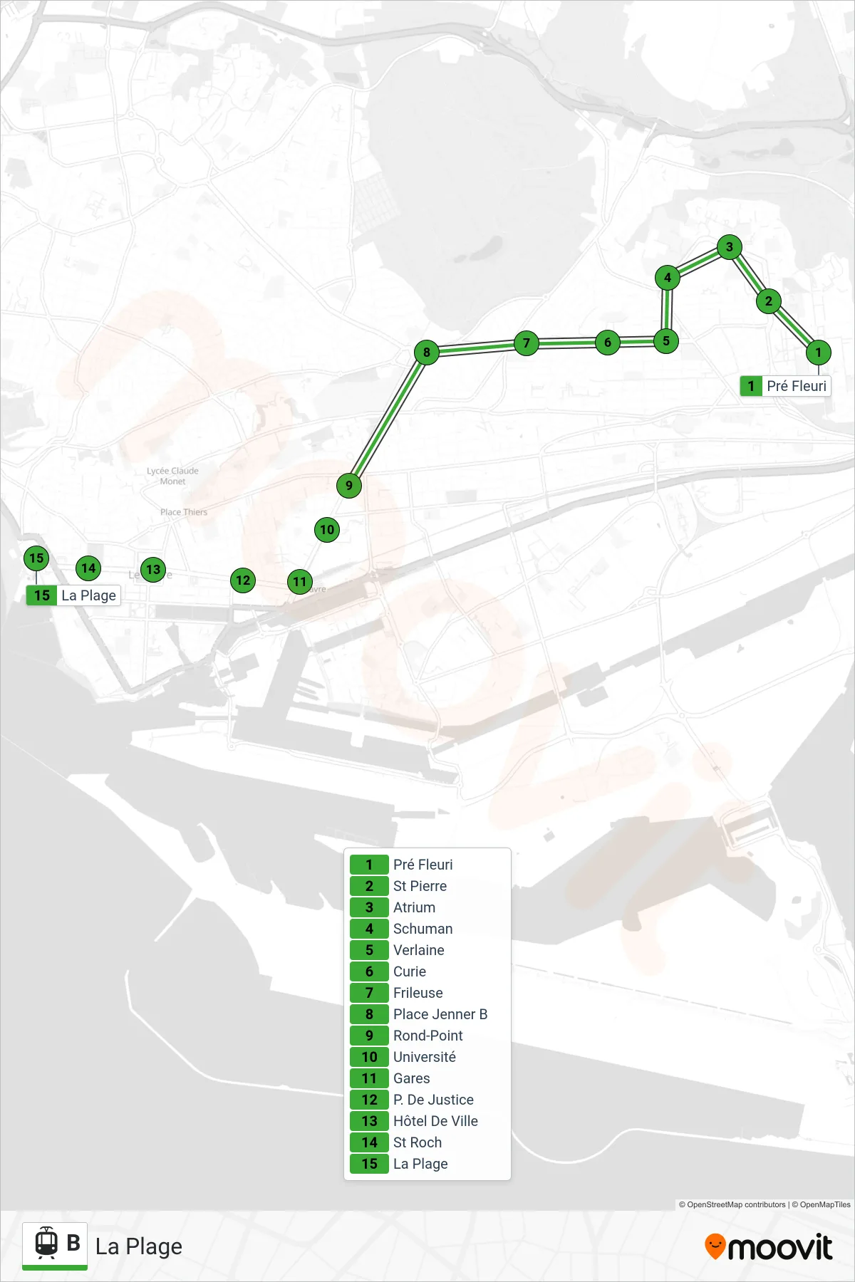 Tracé et arrêts de la ligne B de tram (La Plage) sur une carte