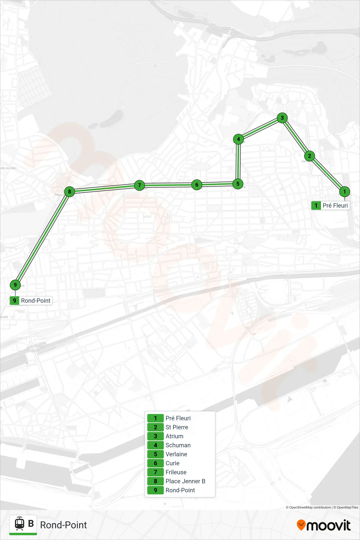 Tracé et arrêts de la ligne B de tram (Rond-Point) sur une carte