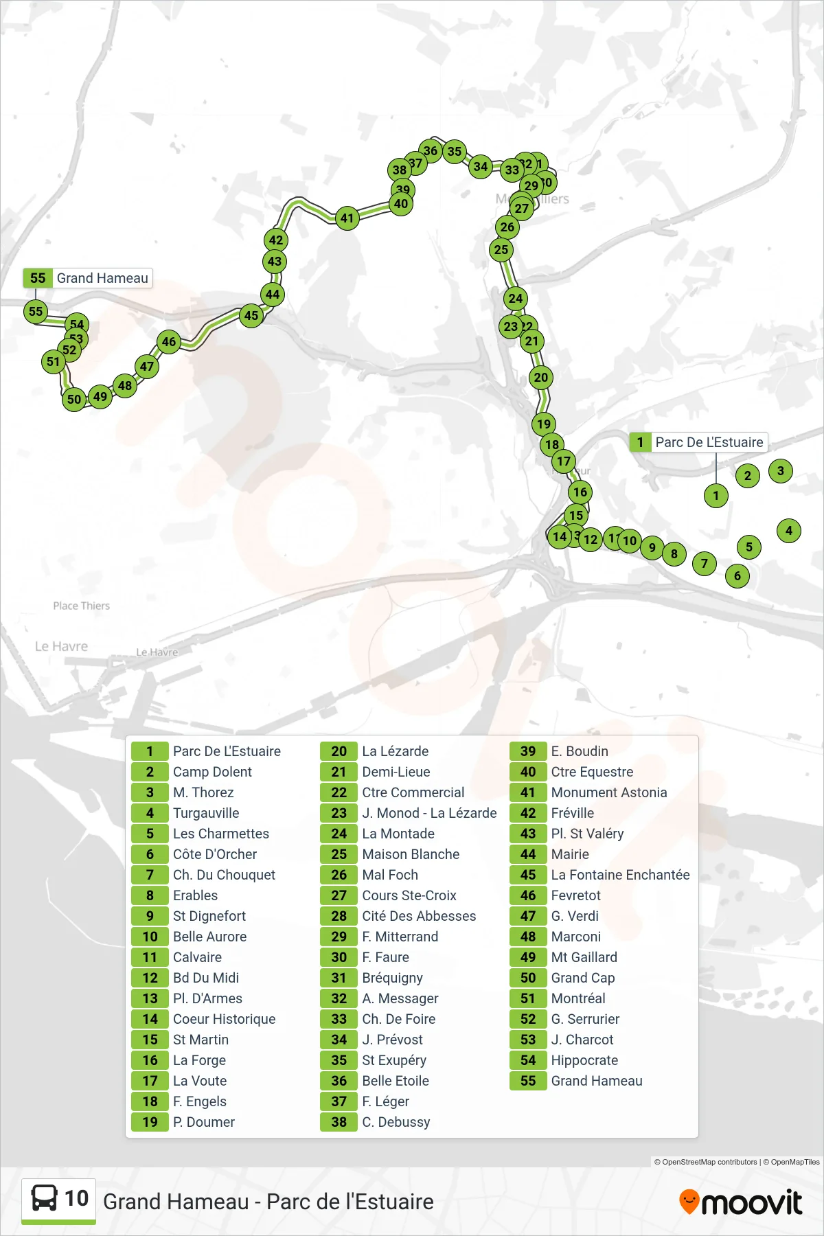 Tracé et arrêts de la ligne 10 de bus (Grand Hameau) sur une carte
