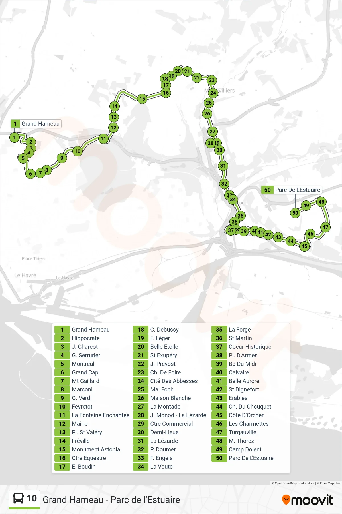 Tracé et arrêts de la ligne 10 de bus (Parc De L'Estuaire) sur une carte