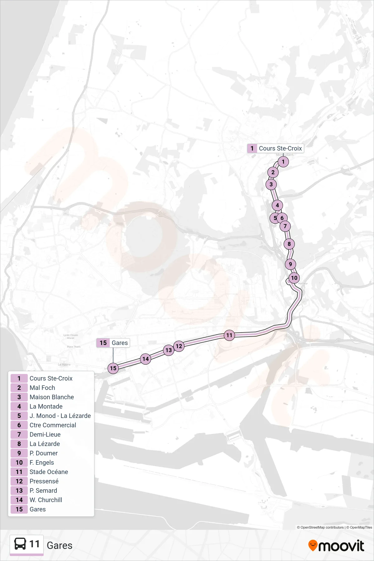 Tracé et arrêts de la ligne 11 de bus (Gares) sur une carte