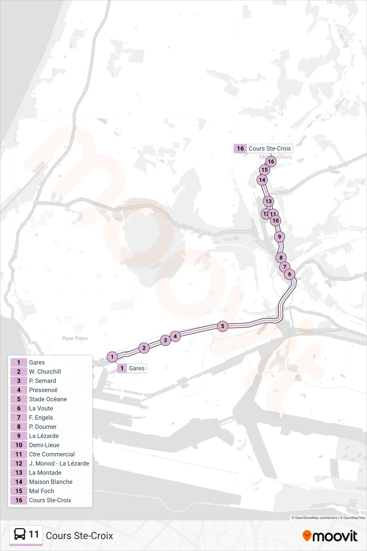 Tracé et arrêts de la ligne 11 de bus (Cours Ste-Croix) sur une carte
