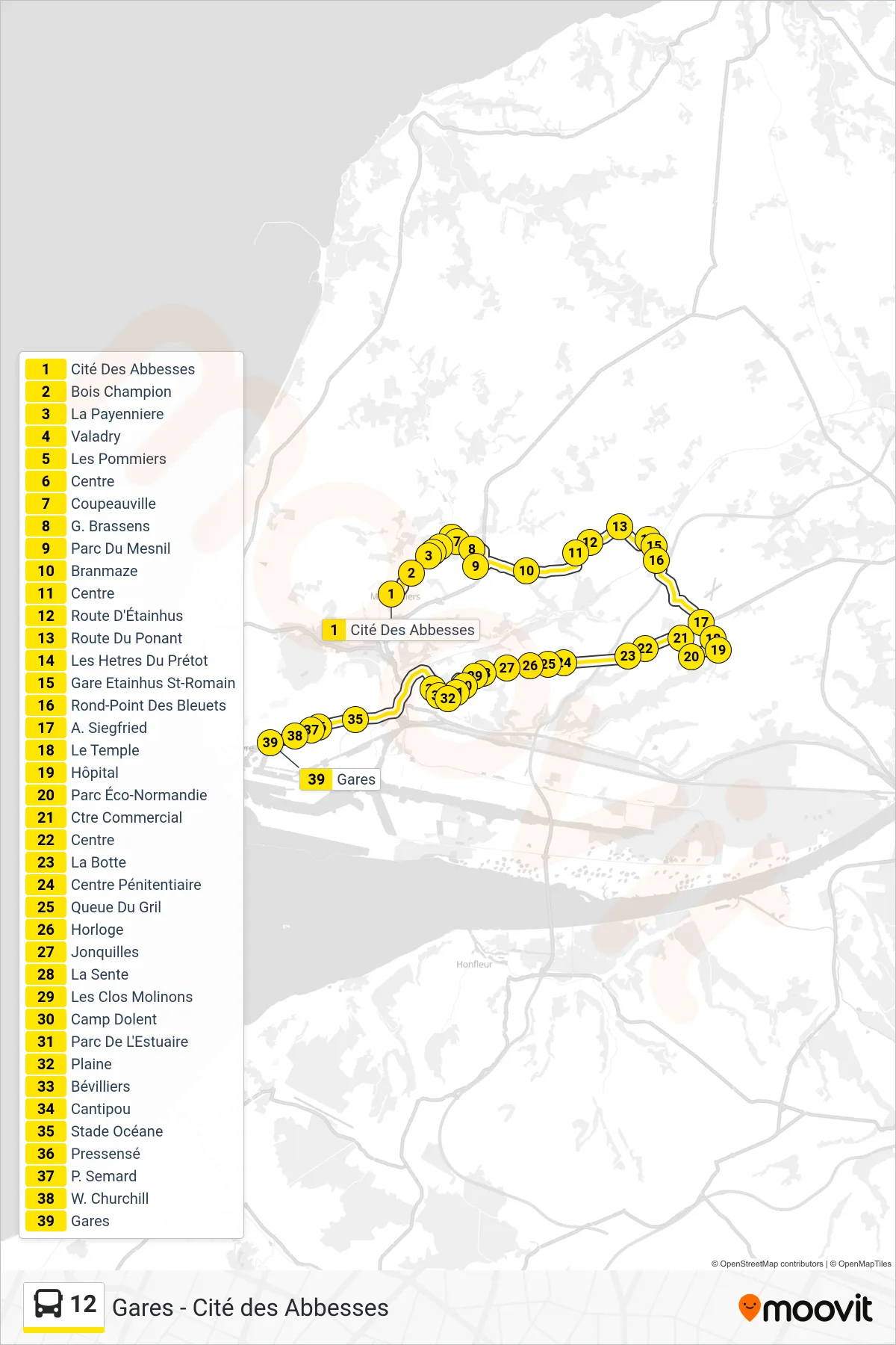 Tracé et arrêts de la ligne 12 de bus (Gares) sur une carte
