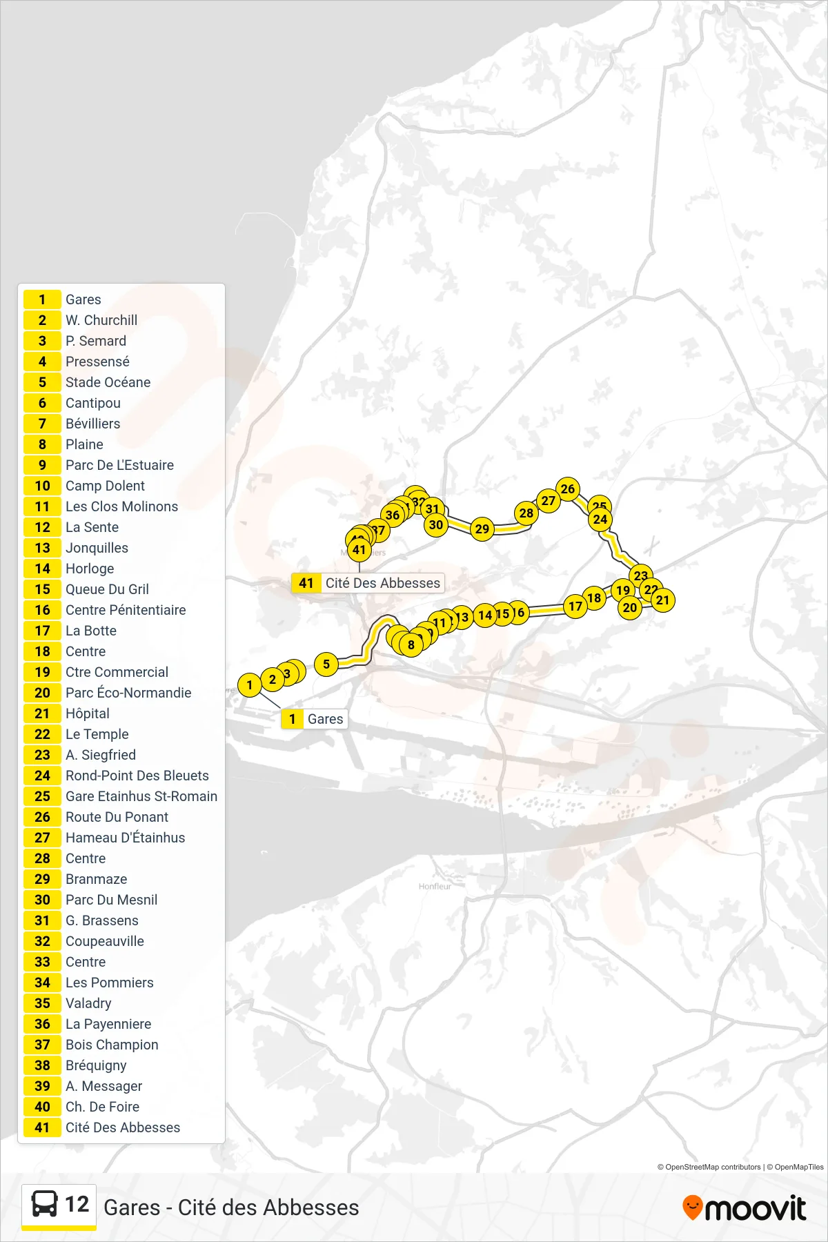 Tracé et arrêts de la ligne 12 de bus (Cité Des Abbesses) sur une carte