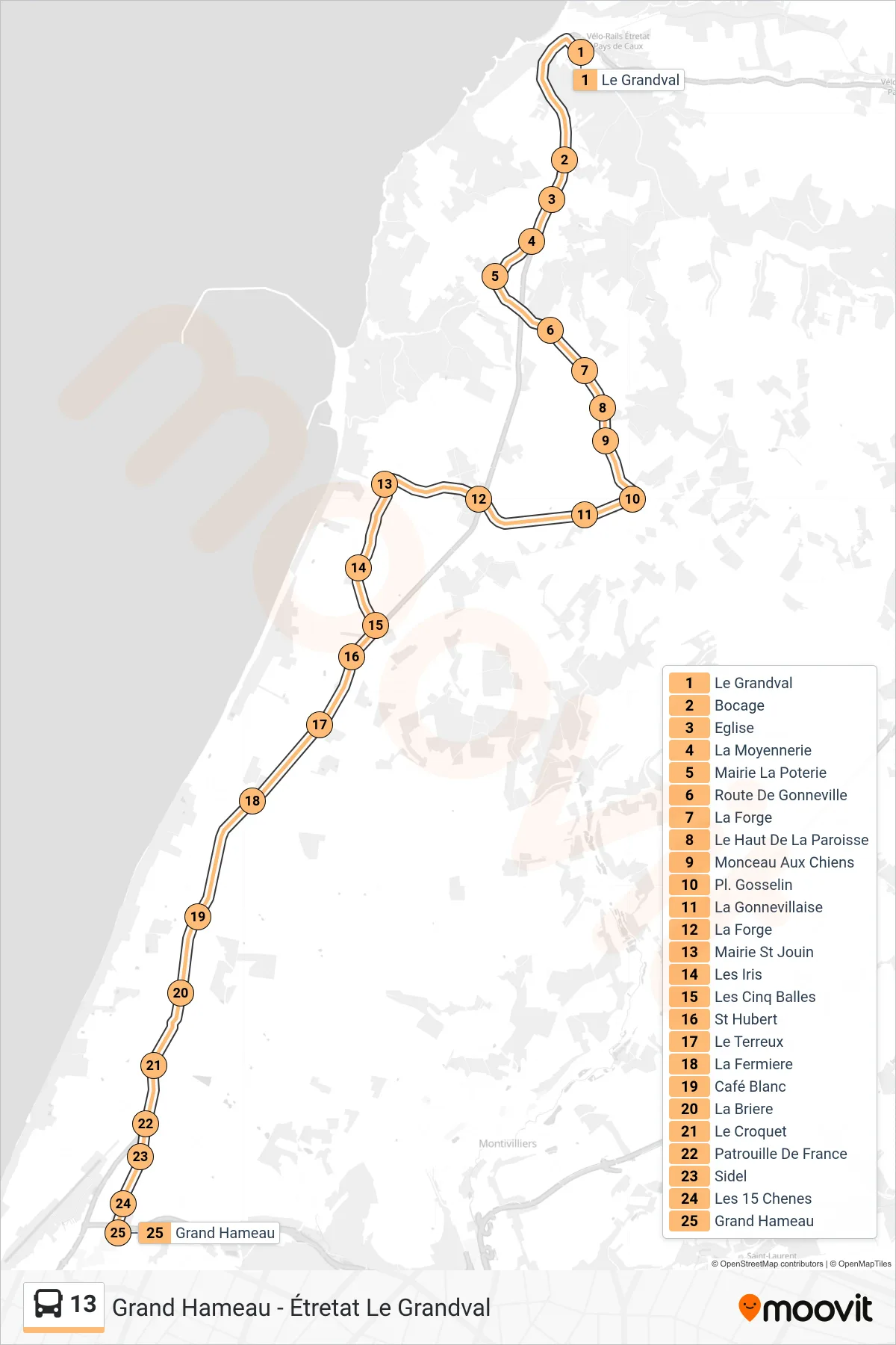 Tracé et arrêts de la ligne 13 de bus (Grand Hameau) sur une carte