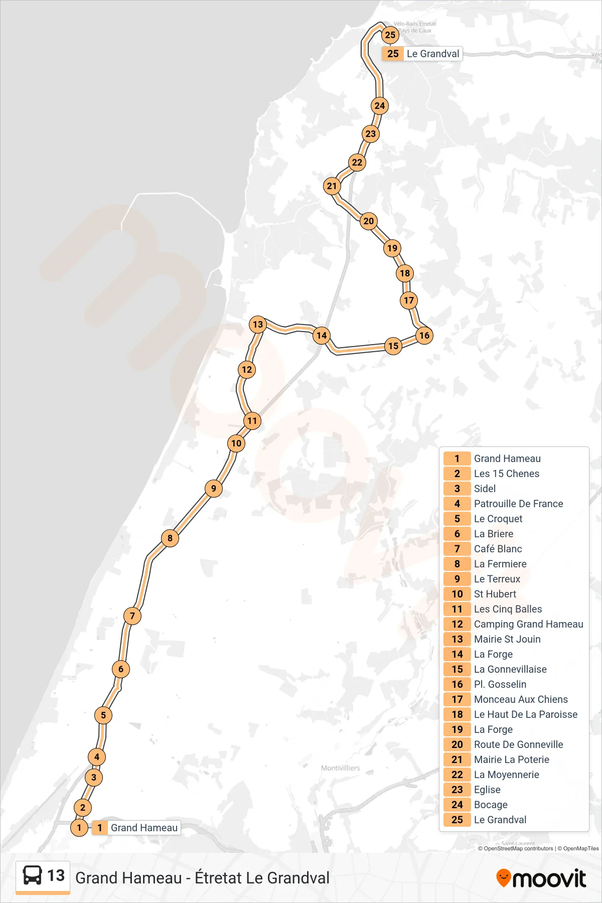 Recorrido y paradas de la línea 13 de autobús (Le Grandval) en el mapa