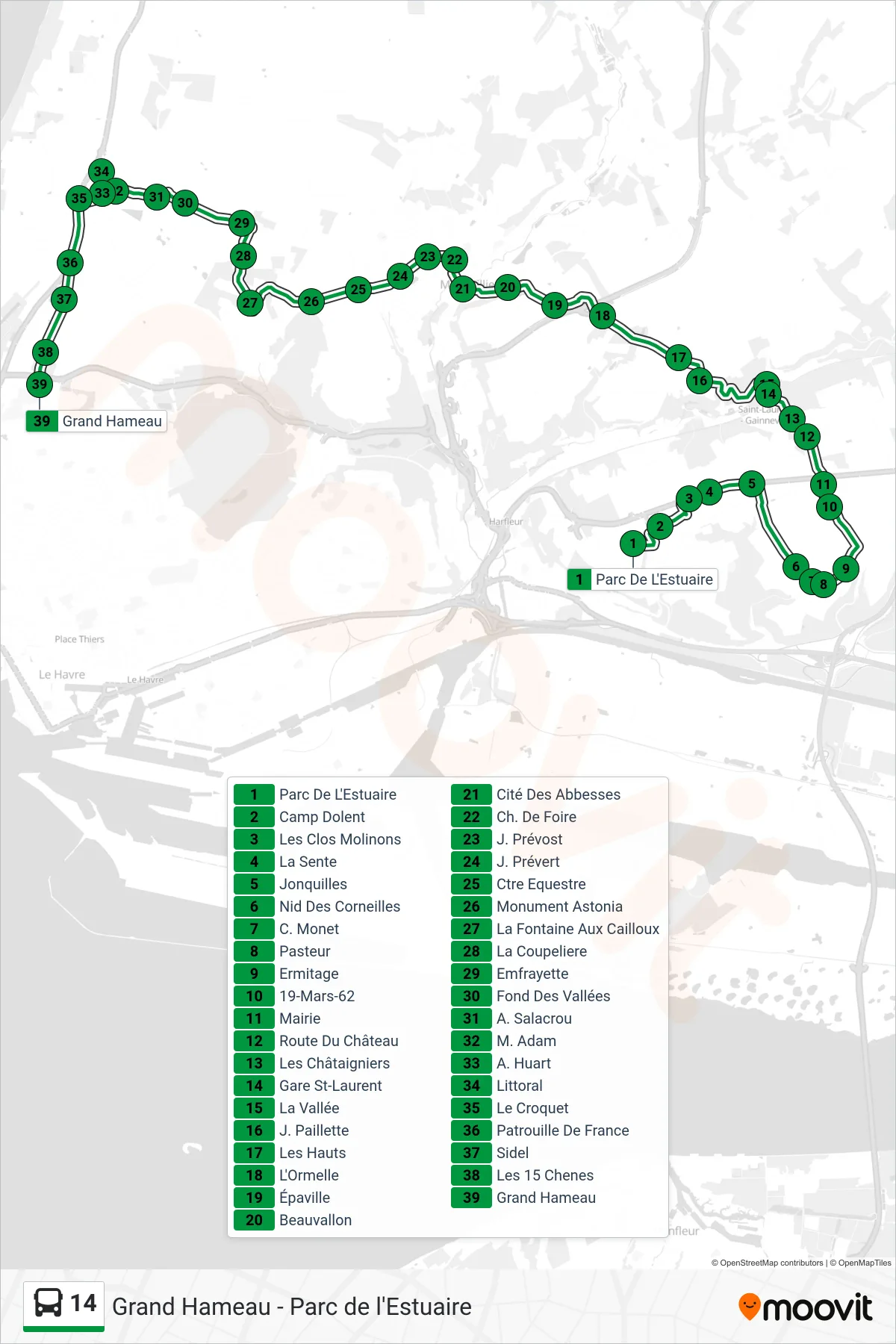 Recorrido y paradas de la línea 14 de autobús (Grand Hameau) en el mapa