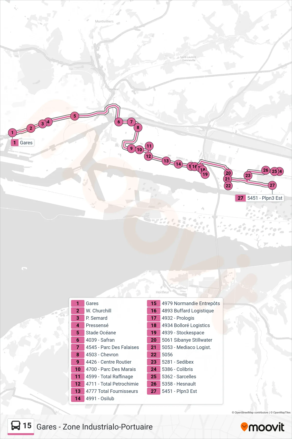 15 bus Line (5451 - Plpn3 Est) route and stops on a map