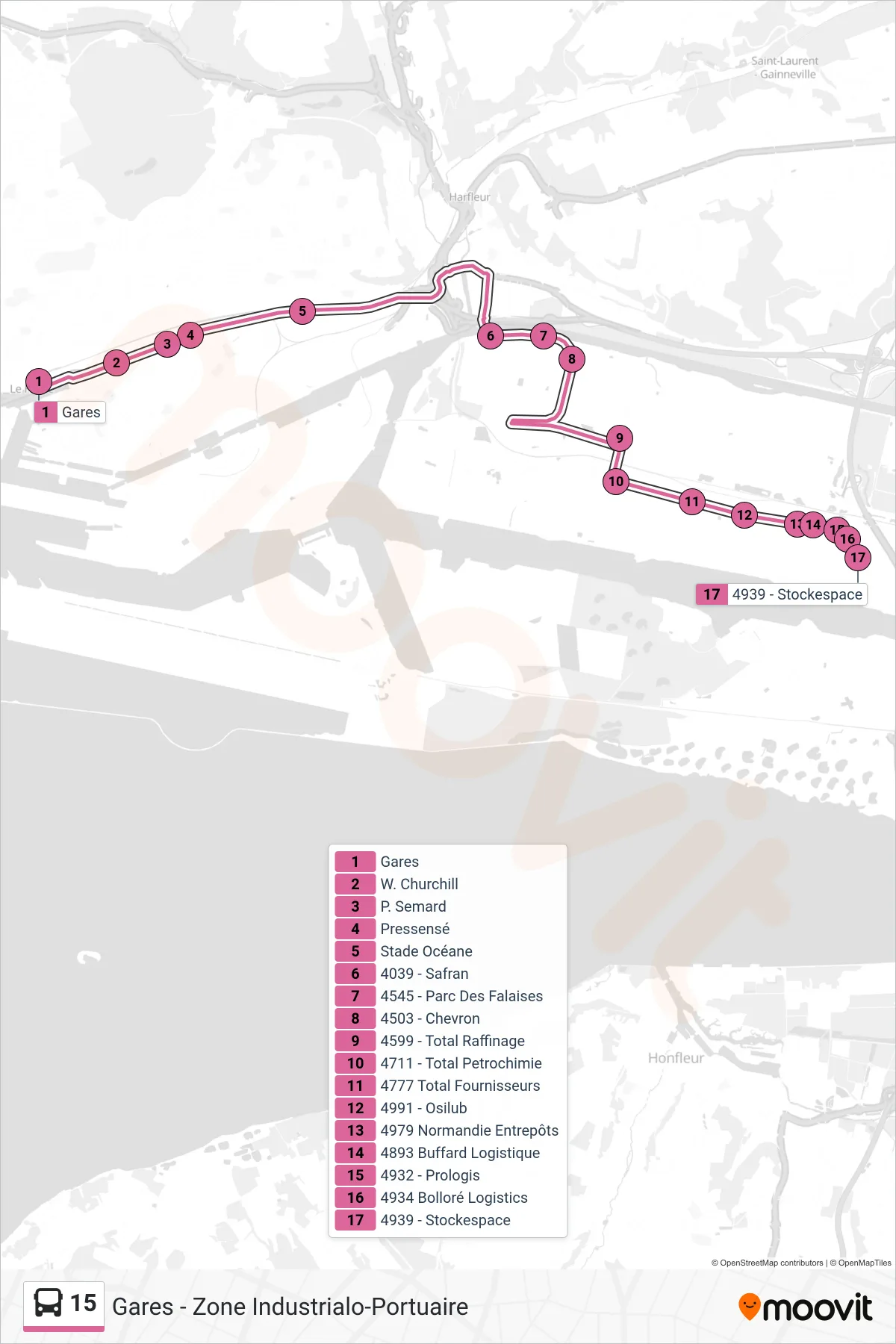 Tracé et arrêts de la ligne 15 de bus (4939 - Stockespace) sur une carte