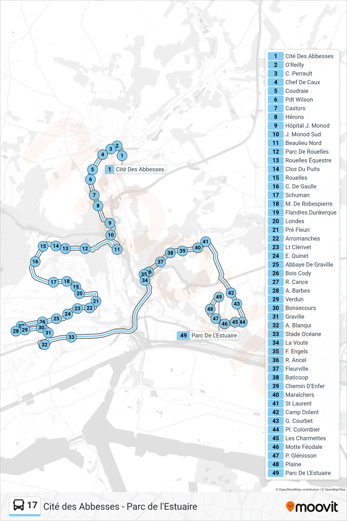 Tracé et arrêts de la ligne 17 de bus (Parc De L'Estuaire) sur une carte
