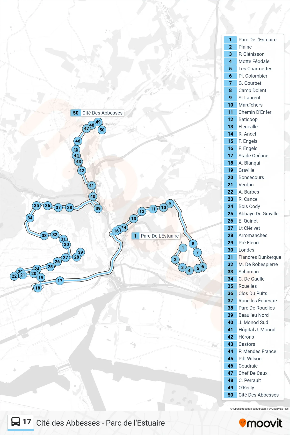 Tracé et arrêts de la ligne 17 de bus (Cité Des Abbesses) sur une carte