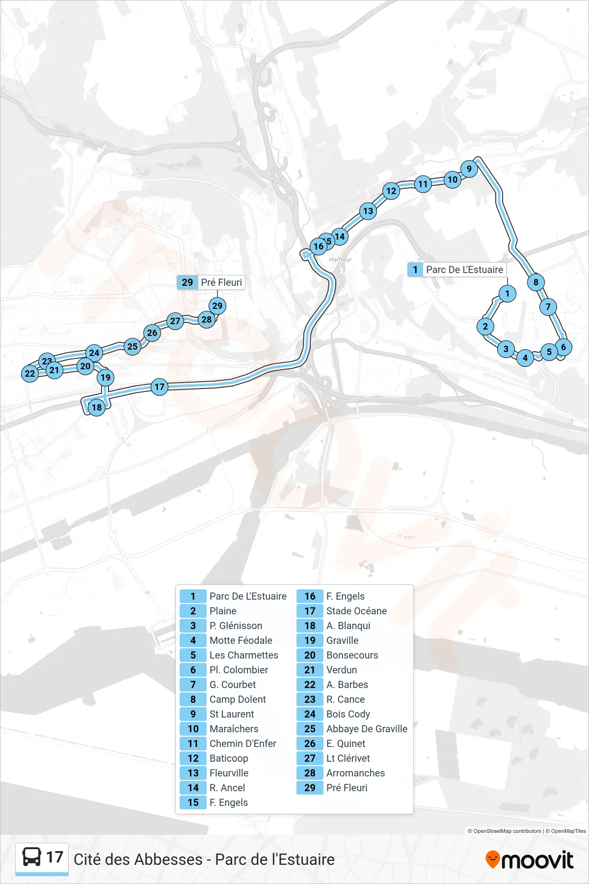 Tracé et arrêts de la ligne 17 de bus (Pré Fleuri) sur une carte