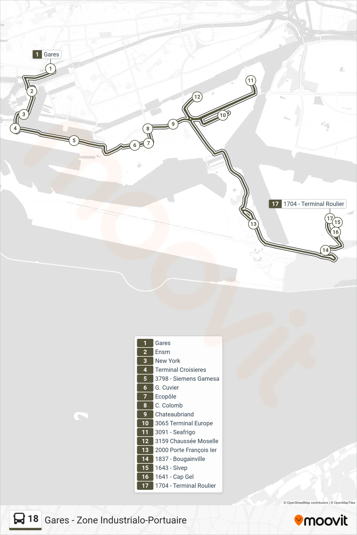Tracé et arrêts de la ligne 18 de bus (1704 - Terminal Roulier) sur une carte