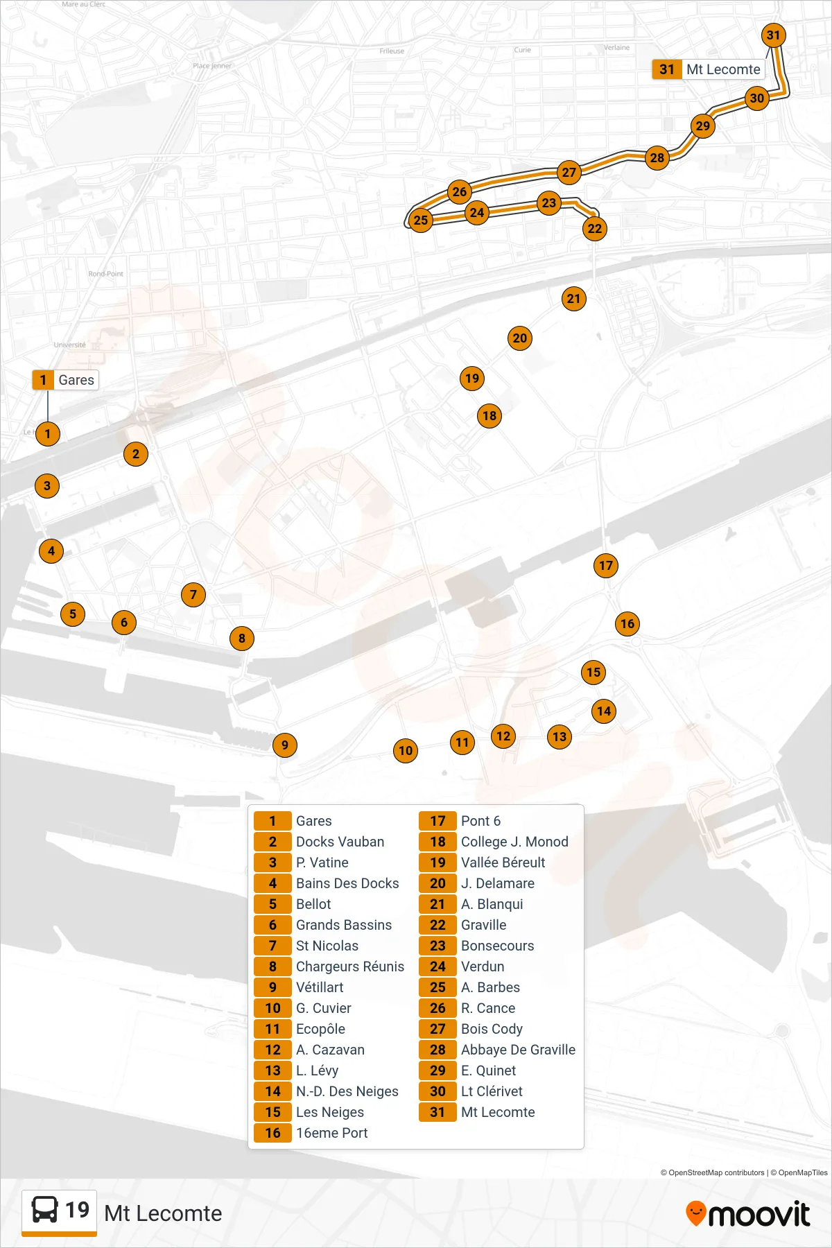 19 bus Line (Mt Lecomte) route and stops on a map