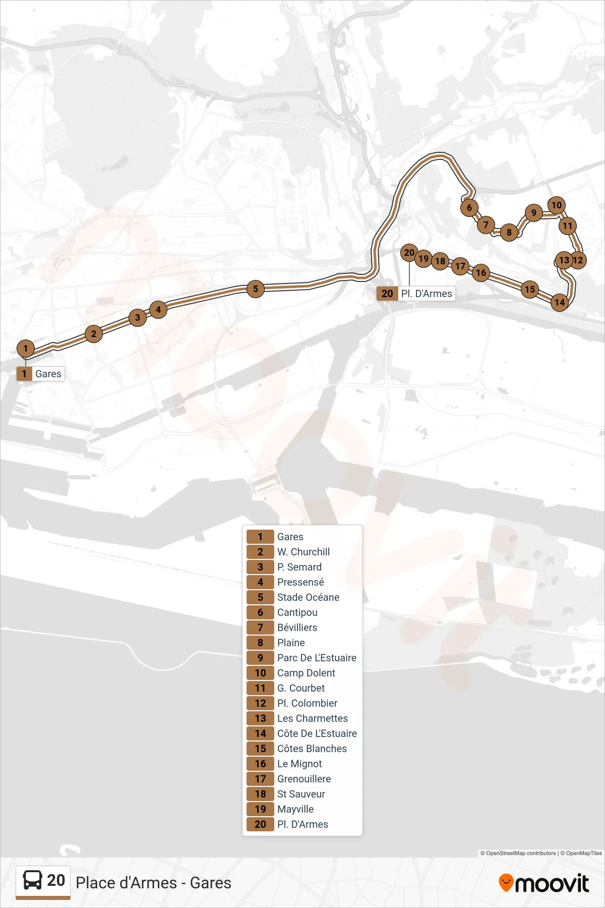 Recorrido y paradas de la línea 20 de autobús (Pl. D'Armes) en el mapa