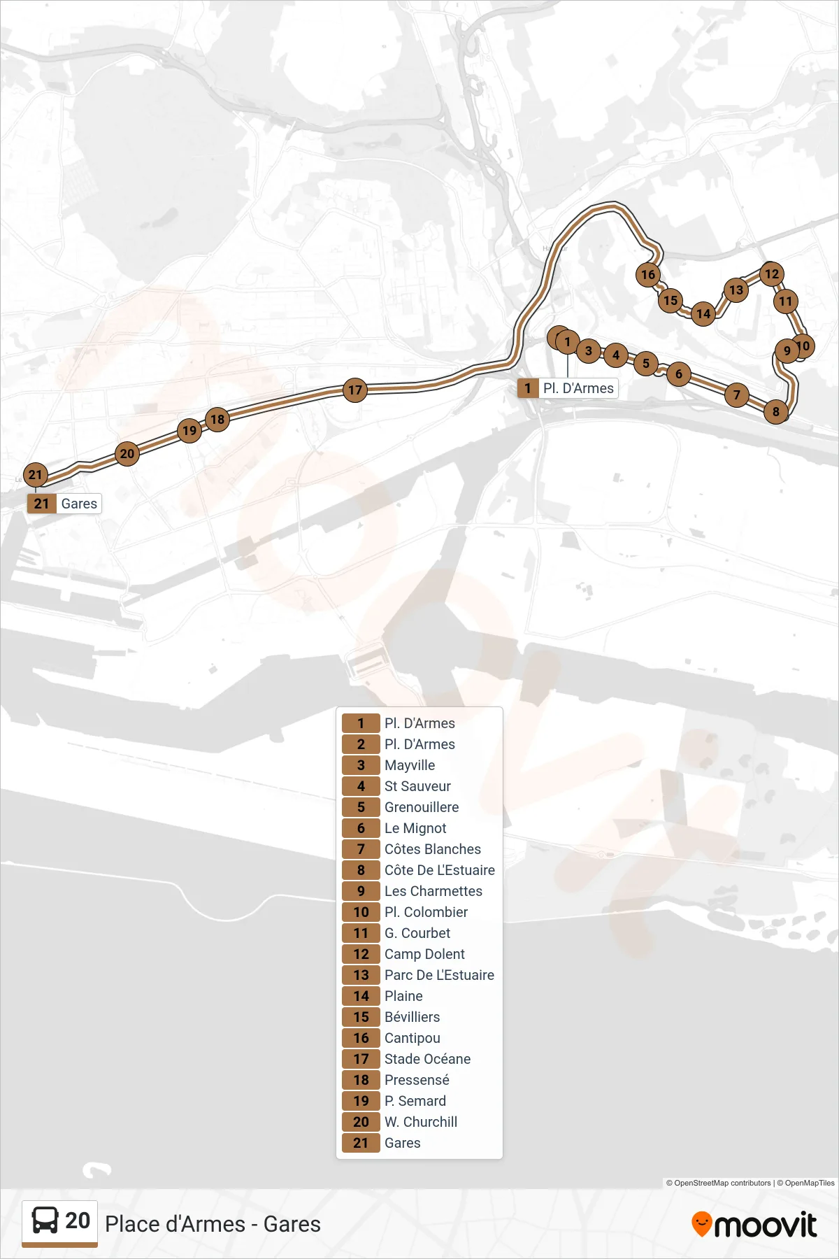 Tracé et arrêts de la ligne 20 de bus (Gares) sur une carte