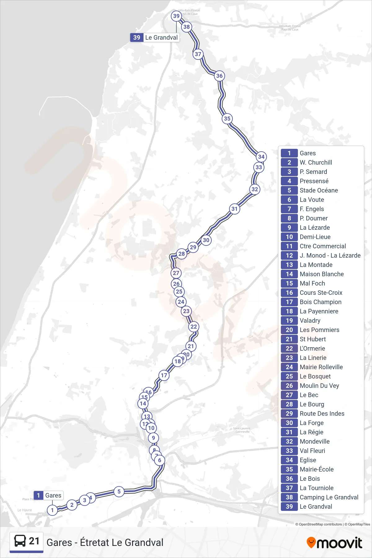 Tracé et arrêts de la ligne 21 de bus (Le Grandval) sur une carte